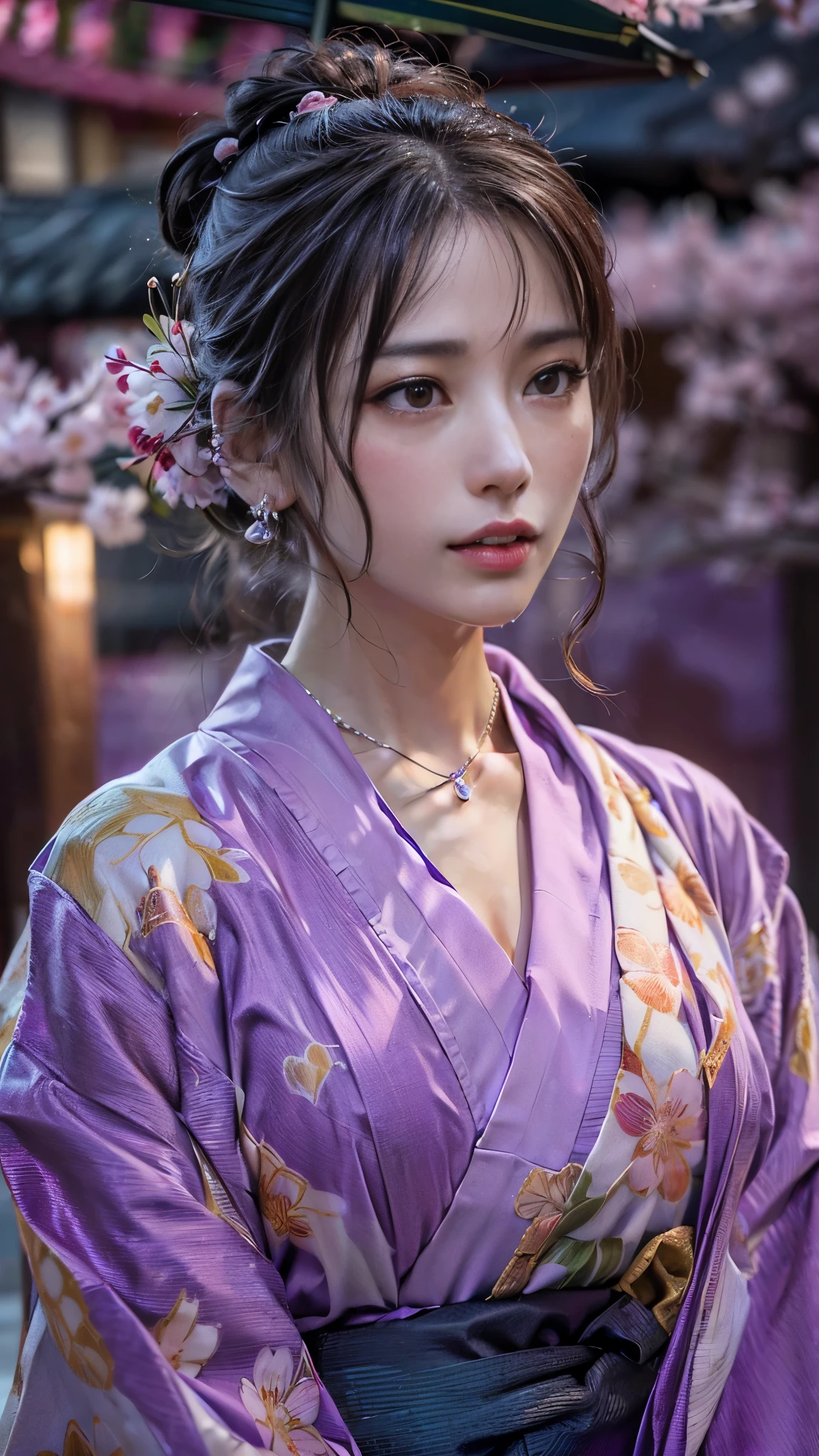 (RAW shooting, Photoreal:1.5, 8K, highest quality, masterpiece, ultra high resolution), ((((after the rain, Night cherry blossoms at the shrine))), Highly detailed skin and facial textures:1.3, perfect dynamic composition:1.2, (In front of a shrine at night in a modern city, expression of sadness:1.0, Tears are flowing:1.0, cry with a broken heart:1.0), slim office lady:1.3, cowboy shot, Fair skin:1.2, sexy beauty:1.1, perfect style:1.2, beautiful and aesthetic:1.1, very beautiful face:1.2, water droplets on the skin, (rain drips all over my body:1.2, wet body:1.2, wet hair:1.3), (Professional kimono dressing:1.1, Holding a bouquet of wet cherry blossoms:1.2, Wear a wet light purple kimono correctly:1.3), (Medium chest, bra is see-through, Chest gap), (Eyes that feel beautiful eros:0.8, Too erotic:0.8, Bewitching:0.8), necklace, earrings, bracelet, wedding ring, Highly detailed hand and finger expressions