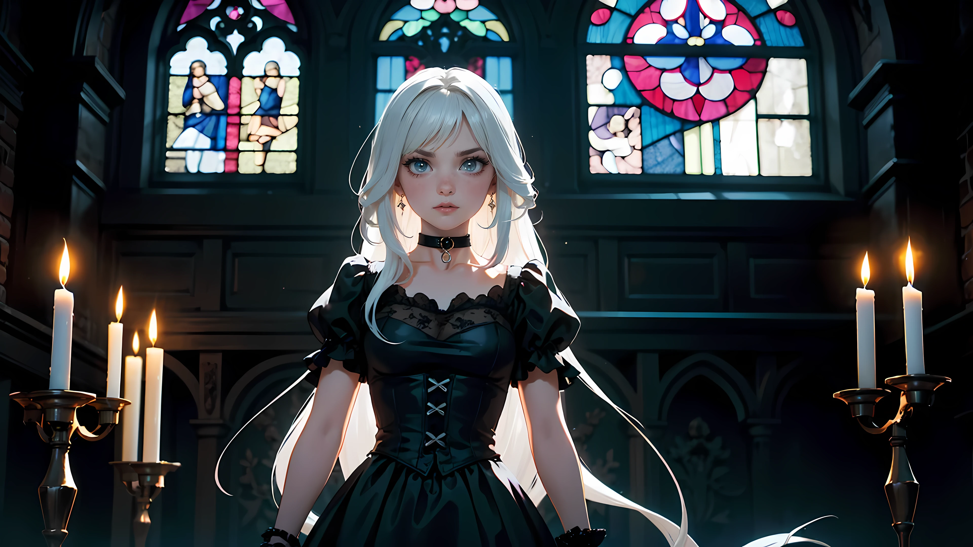 ((1girl)), long white hair, choker collar, bracelets, Victorian style long black dress, standing, dramatic pose, cowboy shot, gothic mansion, stained glass window, night, nighttime, candles, candlelight, dramatic lighting, cinematic lighting, 