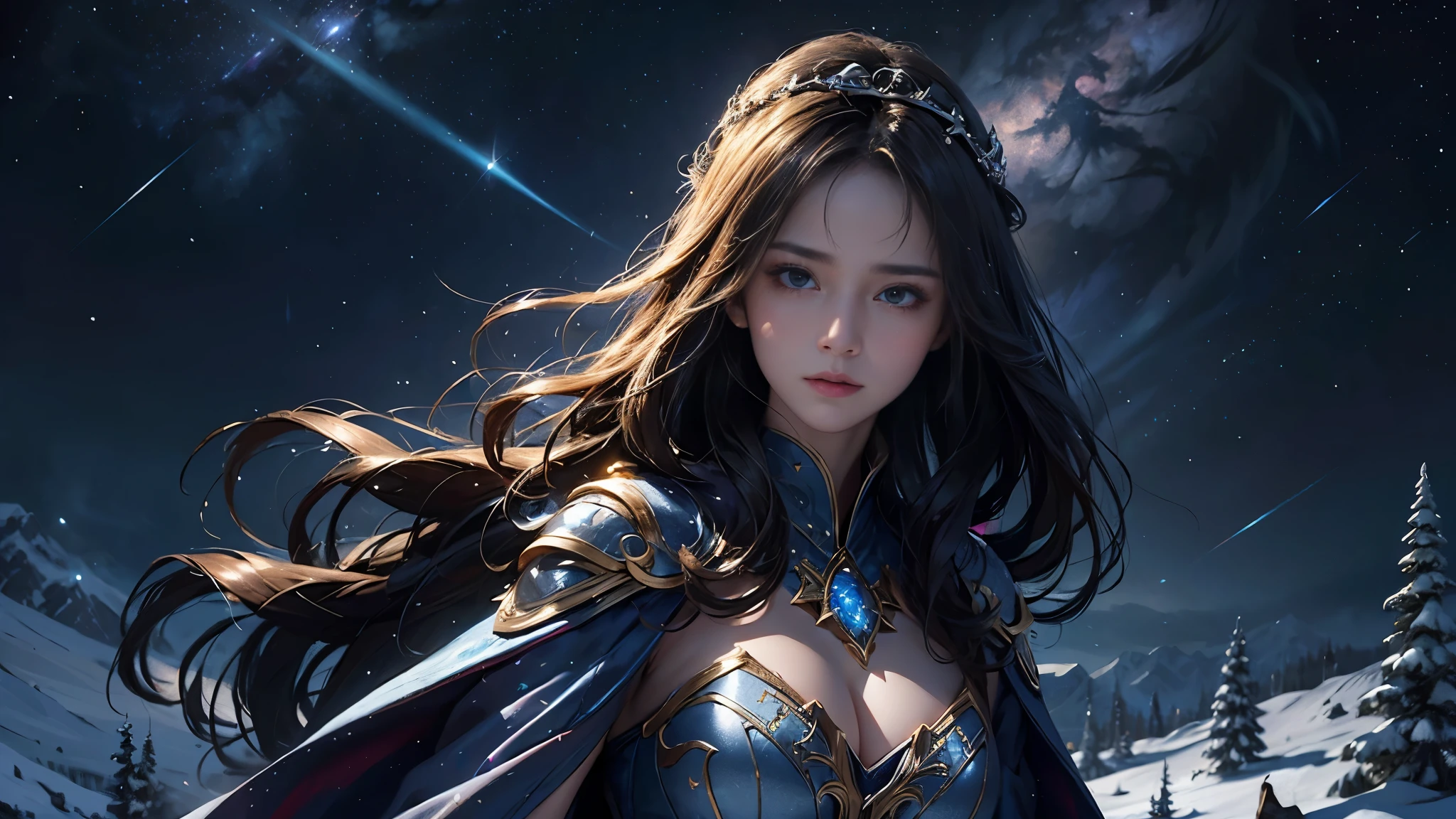 masterpiece, rest, best quality, Super detailed, Super real, 16K, high resolution, castle,snow, ((starry sky)),female mage,gorgeous robe,complex pattern,big breasts,beautiful face,dramatic,half body shot,Glowing scepter