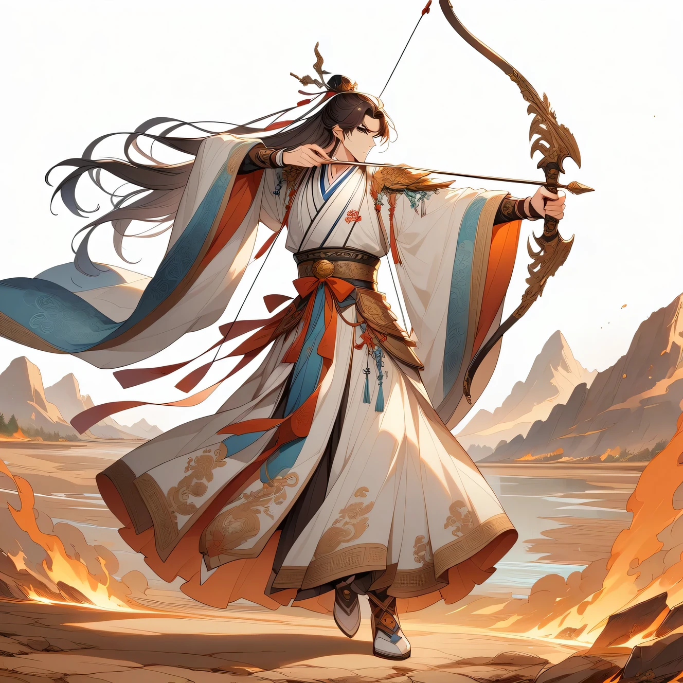 Classic of Mountains and Seas，Majestic male figure Hou Yi dressed in ancient costume with traditional Chinese decorative elements。His whole body is depicted，wielding a bow，shoot upwards。The ground around him was dry and on fire