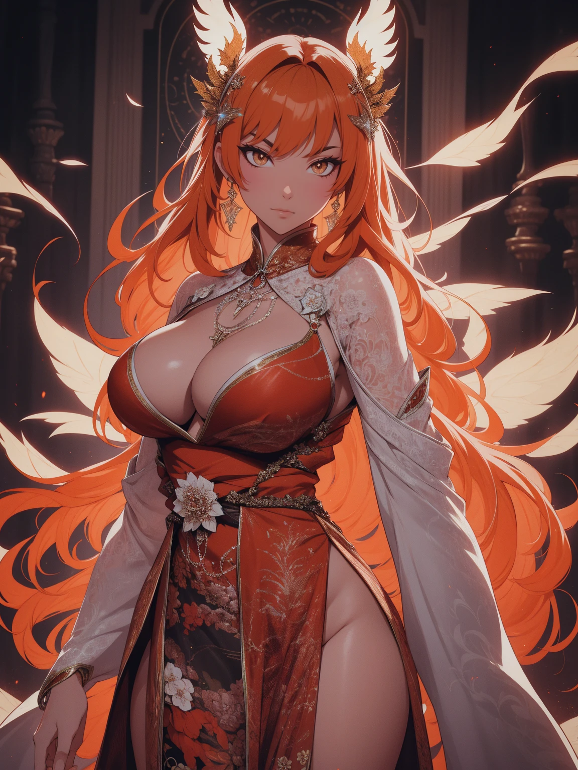 REALISTIC VISION 1.4, BETTER VAE,sharp focus, ultra detail, 32k,realistic photo, intricate details, kitsune, orange hair, oranfe eyes, intricate details ,woman, nine tails,intricate details,intricate details,big , Voluptuous body, intricate details, Miko,clothes long white dress with red details intricate details,tattoos intricate details,full body,