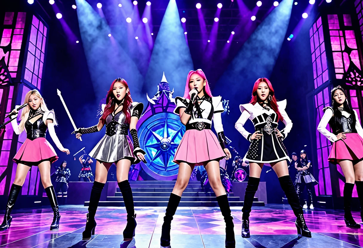 (best quality, 4k, highres, masterpiece:1.2), ultra-detailed, realistic:1.37, HDR, vivid colors, studio lighting, physically-based rendering, professional, bokeh, portraits, Kpop band Black Pink, Dungeons and Dragons adventurers, rock musical, evil wizard, castle stronghold, performing, costume, defeat, performing in costume, long black hair, glamorous makeup, stylish outfits, energetic dance moves, dynamic stage, powerful music, intense battle scene, magical spells, glowing swords, epic backdrop, smoke and special effects, dramatic lighting, confident expressions, stage presence, harmonious choreography, enthusiastic crowd, enchanted atmosphere, dynamic poses, intricate accessories, high-energy performance, mystical aura, adrenaline-fueled show, extraordinary talent, mind-blowing vocals, captivating dance routines, mesmerizing stage effects, thrilling climax.