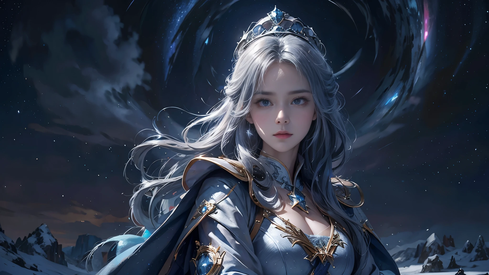 masterpiece, rest, best quality, Super detailed, Super real, 16K, high resolution, castle，snow, ((starry sky)),female mage，gorgeous robe，complex pattern，big breasts，beautiful face，dramatic，half body shot，Glowing scepter