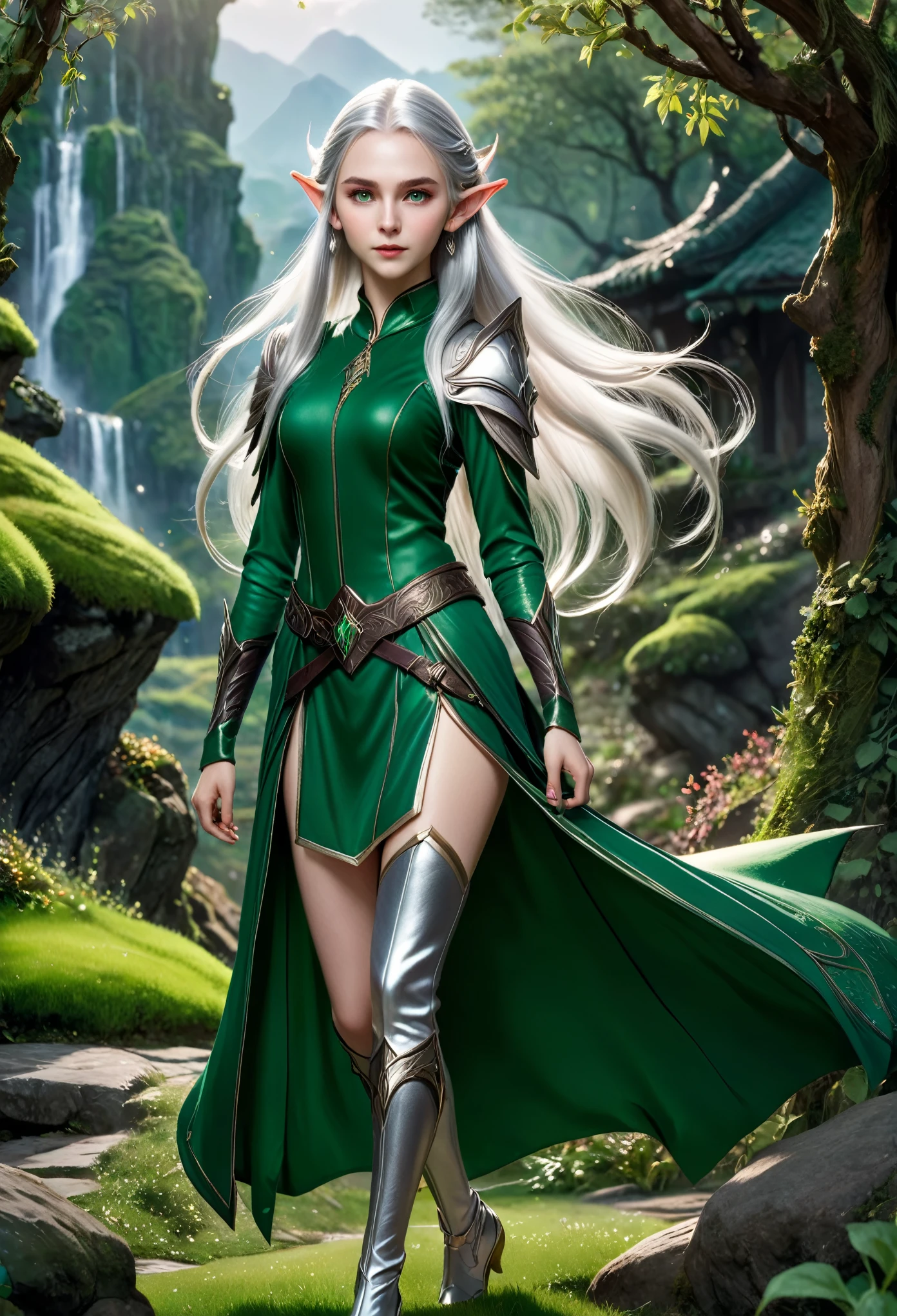 (master piece), 8k, best quality, panoramic view, full body, Elf, young, , With slightly flushed white skin, long silver hair, with a height of 168cm that gave her a natural elegance. Her green eyes, pointed ears, curious, detailed warrior outfit, picking up an object