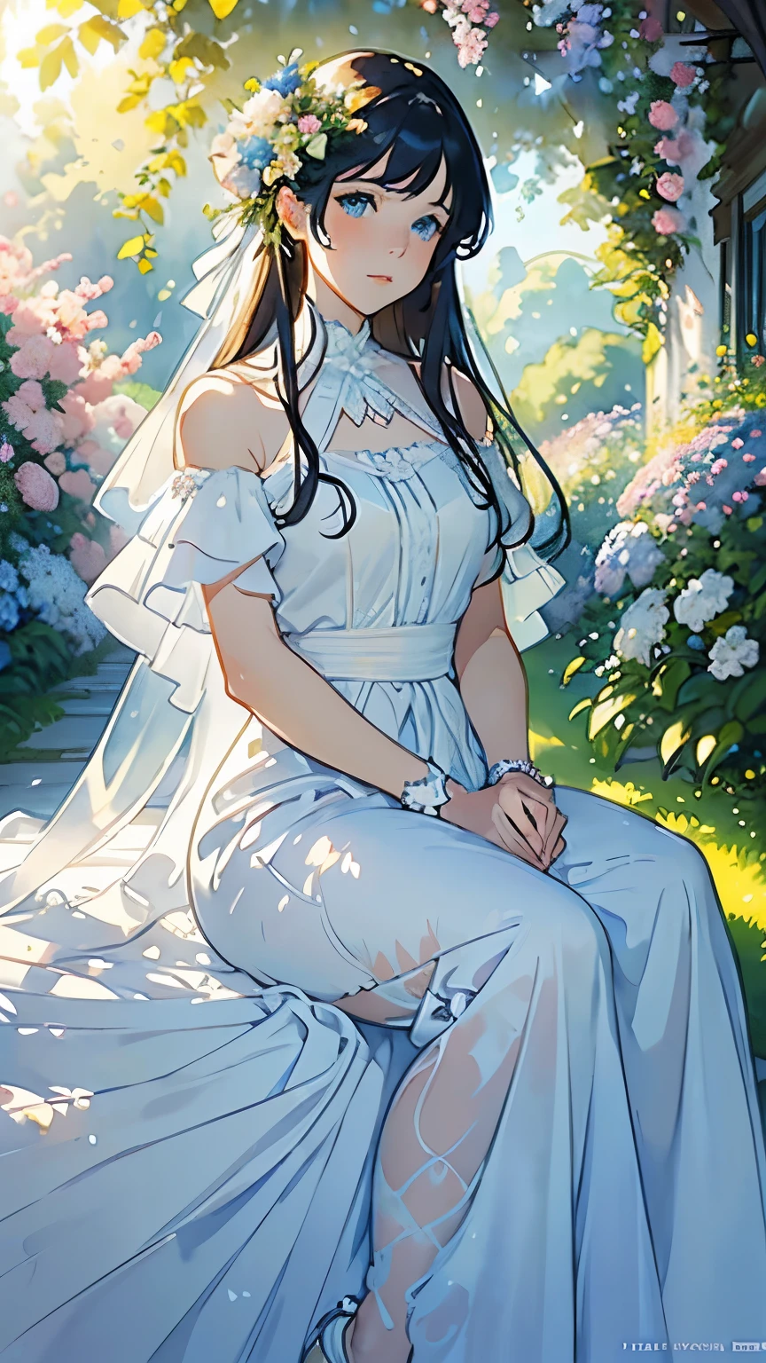 (Sargent style watercolor)、(highest quality、masterpiece)、soft light、(bright and sharp blue eyes), (flowing white dress), (Set in lively gardens), (Surrounded by blooming flowers and lush greenery), (Warm light and gentle sunshine), (A breeze gently blows her hair), soft pastel colors, dreamy atmosphere, (attractive).
