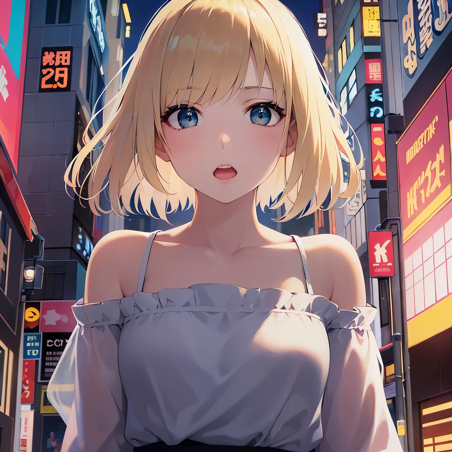 Shooting from below、slender, slim, small breasts、Upper Body, Realistic, real person, (pale skin: 1.2), RAW photo, photorealistic, portrait photography, shiny skin, japanese idol、shiny hair、japanese, (25 year old woman with blonde bangs) and (green eyes) and (very short hair:1.5), (white) and (off shoulder dress), surprised, open mouth, The background is a shopping street、Alone