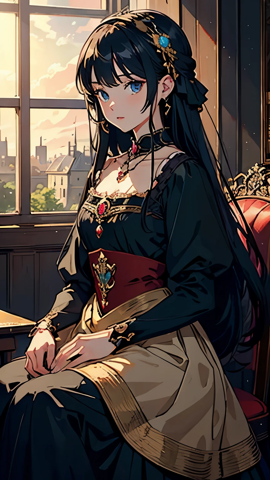 ((highest quality, masterpiece, High resolution))、((anime art))、European and American Imperial Jewelry Necklaces, medieval vintage fashion, long hair girl, deep dark background。