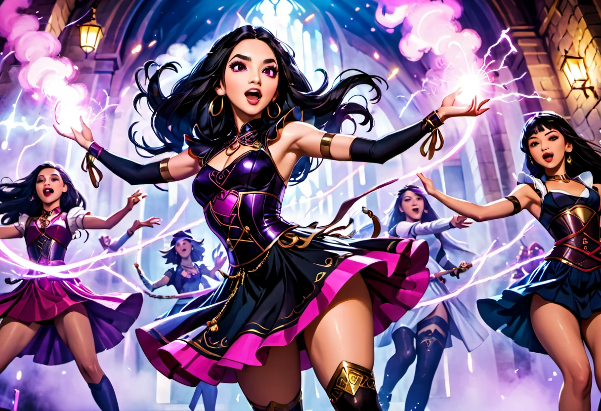 (best quality, 4k, highres, masterpiece:1.2), ultra-detailed, realistic:1.37, HDR, vivid colors, studio lighting, physically-based rendering, professional, bokeh, portraits, Kpop band Black Pink, Dungeons and Dragons adventurers, rock musical, evil wizard, castle stronghold, performing, costume, defeat, performing in costume, long black hair, glamorous makeup, stylish outfits, energetic dance moves, dynamic stage, powerful music, intense battle scene, magical spells, glowing swords, epic backdrop, smoke and special effects, dramatic lighting, confident expressions, stage presence, harmonious choreography, enthusiastic crowd, enchanted atmosphere, dynamic poses, intricate accessories, high-energy performance, mystical aura, adrenaline-fueled show, extraordinary talent, mind-blowing vocals, captivating dance routines, mesmerizing stage effects, thrilling climax.