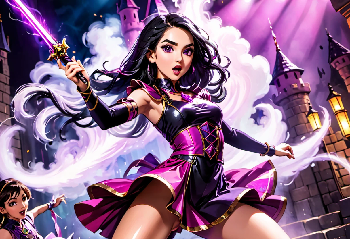 (best quality, 4k, highres, masterpiece:1.2), ultra-detailed, realistic:1.37, HDR, vivid colors, studio lighting, physically-based rendering, professional, bokeh, portraits, Kpop band Black Pink, Dungeons and Dragons adventurers, rock musical, evil wizard, castle stronghold, performing, costume, defeat, performing in costume, long black hair, glamorous makeup, stylish outfits, energetic dance moves, dynamic stage, powerful music, intense battle scene, magical spells, glowing swords, epic backdrop, smoke and special effects, dramatic lighting, confident expressions, stage presence, harmonious choreography, enthusiastic crowd, enchanted atmosphere, dynamic poses, intricate accessories, high-energy performance, mystical aura, adrenaline-fueled show, extraordinary talent, mind-blowing vocals, captivating dance routines, mesmerizing stage effects, thrilling climax.