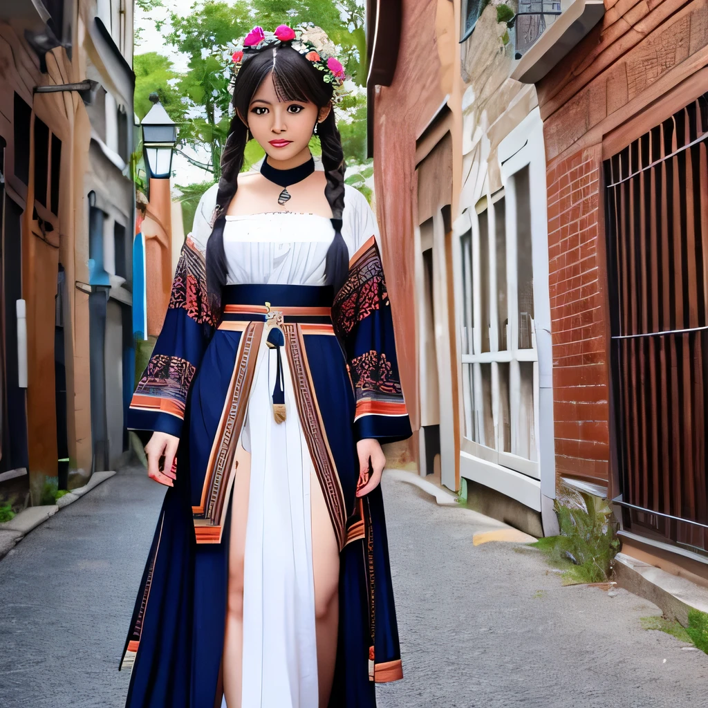 1 girl, alone, full body shot, Braid, looking at the viewer, dress, long hair, traditional media, sign, bangs, compensate, Put your own hands together, black hair, Upper body, lipstick, drill hair, artist name, twin Braids, bridal gauntlet, No sleeve