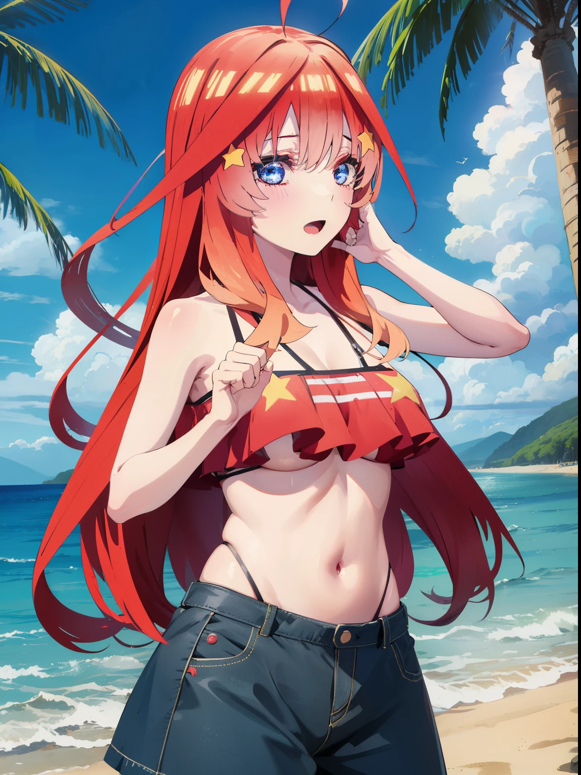 itsukinakano, itsuki nakano, bangs, blue eyes, hair between eyes, Ahoge, redhead, star \(symbol\), hair ornaments, star hair ornamentsにっこり, smile, open your mouth,big straw hat,red bikini,bare belly, (beach salon),  big breasts,((salon)), beach outfit,real summer,Palm tree,
break outdoors, beach,
break looking at viewer, (cowboy shot:1.5),
break (masterpiece:1.2), highest quality, High resolution, unity 8k wallpaper, (shape:0.8), (fine and beautiful eyes:1.6), highly detailed face, perfect lighting, Very detailed CG, (perfect hands, perfect anatomy),