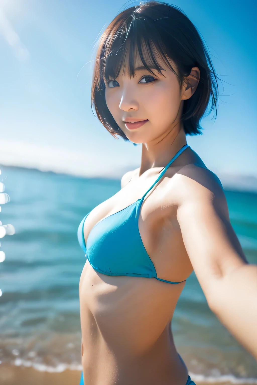 best quality,masterpiece,32k,sharp focus,Professional lighting,Cinematic lighting,Natural lightingprofile,slim and smooth lines,Japanese girl,cute girl,Selfie,ocean,wind,blue sky:,bob cut,bikini,happy,