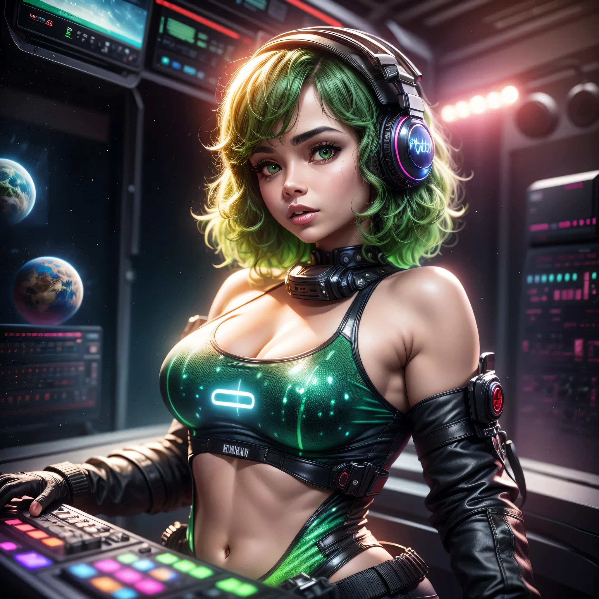 (31 years old, Latina, Latina Woman, mature face, perfect and well designed glowing green shiny eyes, (beautiful detailed eyes:1.05), (small breats:1.45), curvy body, ((pale skin)), detailed skin, realistic skin, short hair, ((((green hair))))), ((curly hair)), (headphones), (bare shoulders:1.6), (neckline:1.3), (cleavage:1.3), navel, (pale Skin:1.4)), Female DJ, DJ set, DJ booth, Mixing Console, Highest quality, Skin texture, Intricate details, ((galaxy_shirt, shorts)), Hip, trendy, galaxy background, universe background, planets in background, starry