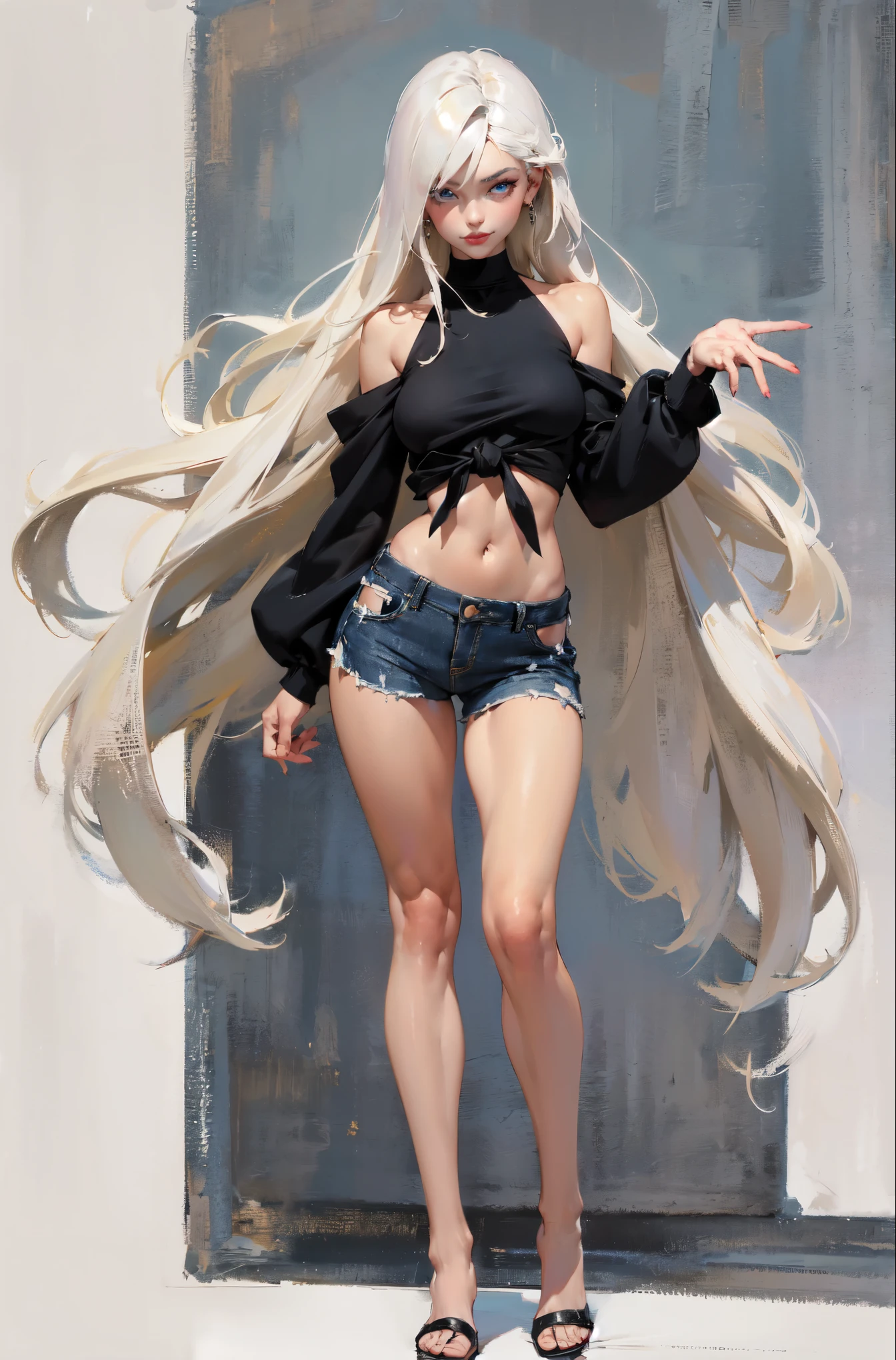 ((masterpiece,best quality,8k,highres)),((character concept art)), 1 female, ager female, Swedish bimbo, (tied back platinum blonde hair), platinum blonde hair, (sunbath tan skin colour), ultra finely detailed eyes (blue eyes colour), glamorous, sexy, sophisticated, perfect body build ((slim)), ((intricate detail)), super finely detailed hands, ultra finely detailed fingers(((ten fingers))), wearing very short ripped jeans and a crop top, (standing casually), (full body showcase), (show full body), (no logos on background), (no logo), ((plain background)), ((plain background)), (((empty background)))