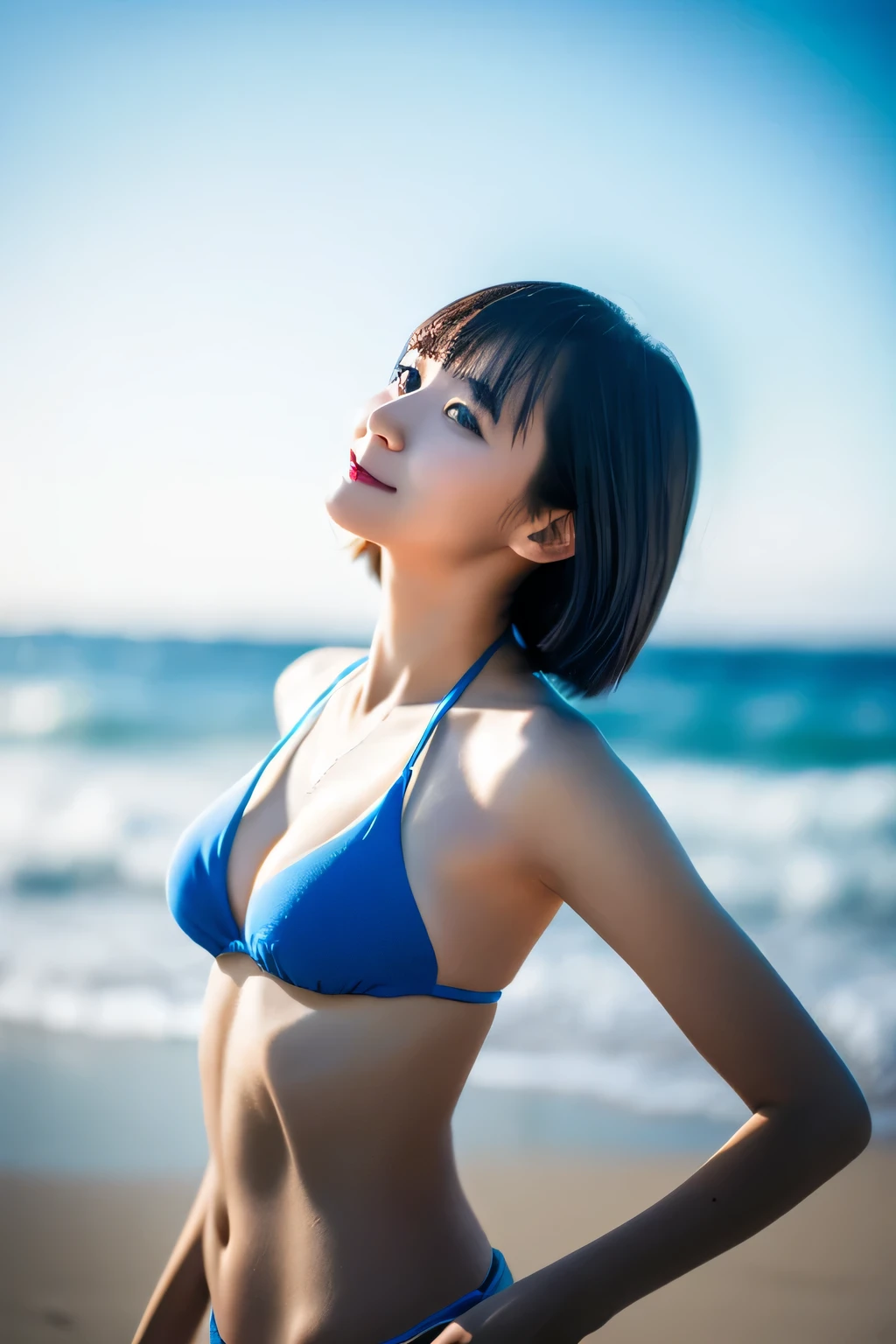 best quality,masterpiece,32k,depth of field、blur background、Professional lighting,Cinematic lighting,Backlightprofile,slim and smooth lines,Japanese girl,cute girl, Leaning forward,ocean,wind,blue sky:,bob cut,bikini,happy,