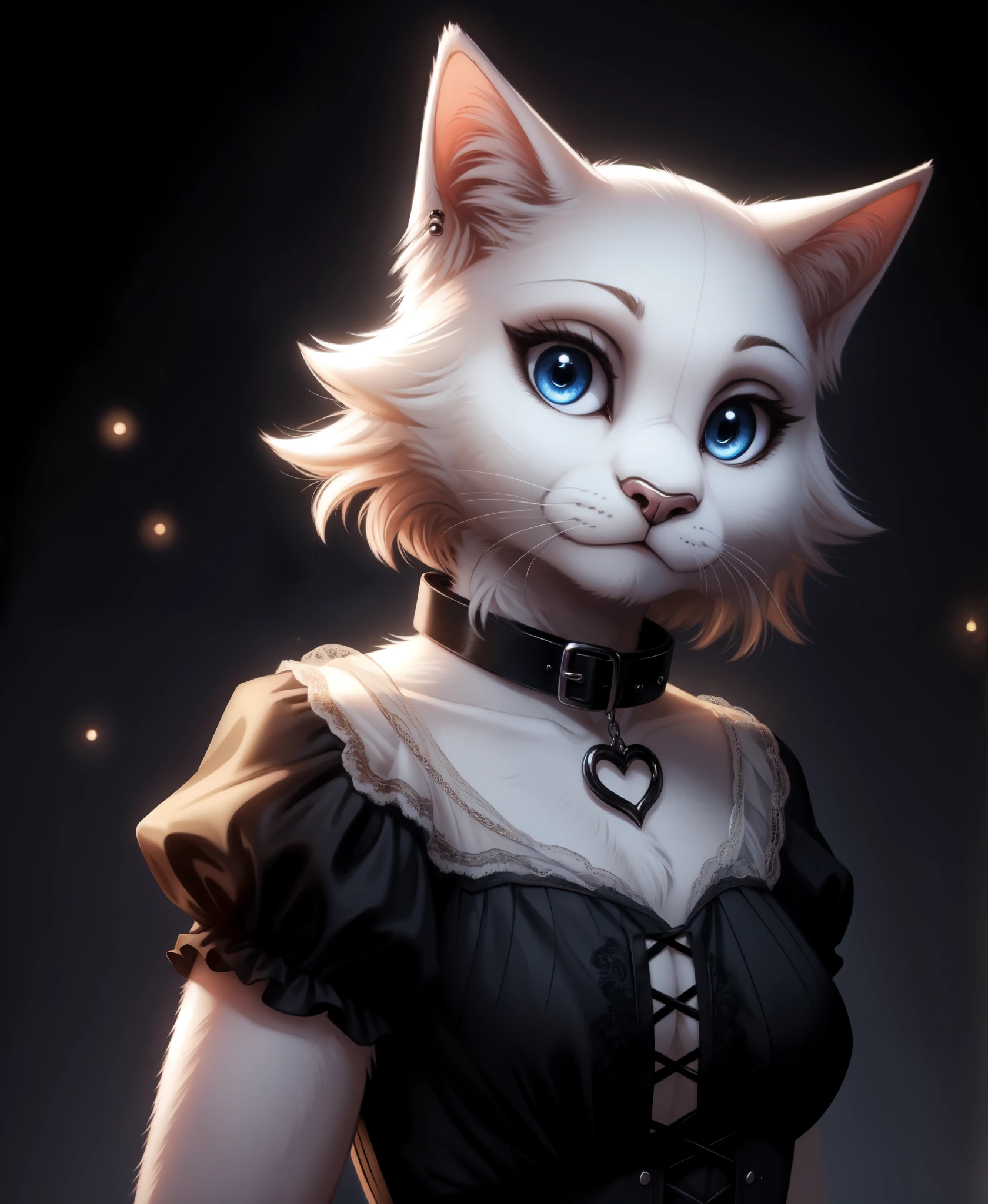 Ragdoll cat,furry,female,(beautiful and fluffy fur,fluffy and cute cat:1.1),SFW,(elegant and mysterious style,stylish gothic fashion:1.2), (dark and atmospheric ambiance:1.1),gothic collar,moonlit background,dramatic lighting,soft and gentle expression, piercing blue eyes,strong contrast,subtle shadows,detailed whiskers,sculpted paws,vivid colors,pastel tones,subtle gradients