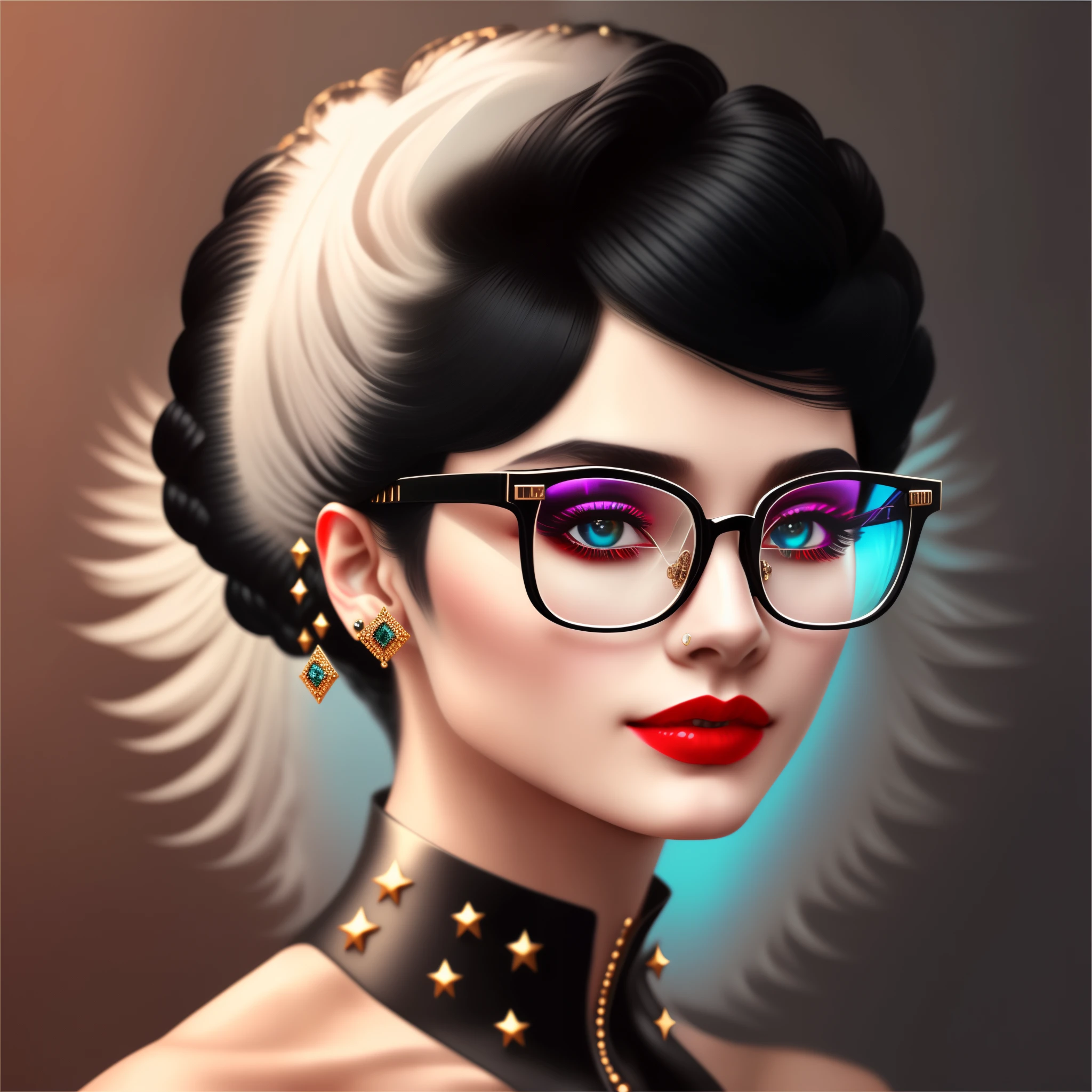 black hair, Glasses, stud earrings, vintage, feminine, 8K, masterpiece, highest quality, excellent details) , (high color saturation, best shadow, best light, very delicate bleaching) dark style