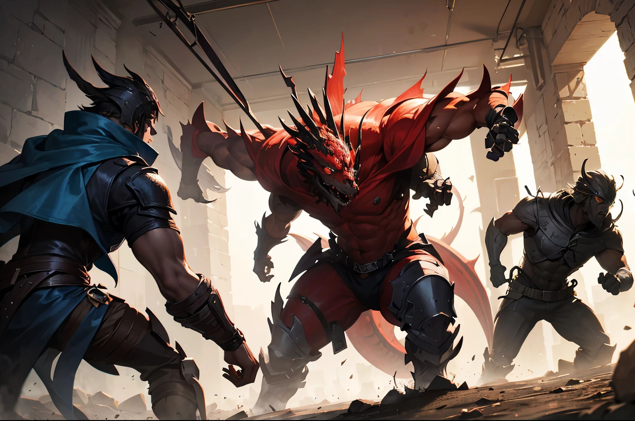 Cinematic scene, hero view, hyperdetailed picture of adventurers fighting a dragon in a dungeon, action pose, detailed background, masterpiece, best quality, high quality, highres, absurdres, vivid, Dungeons and Dragons