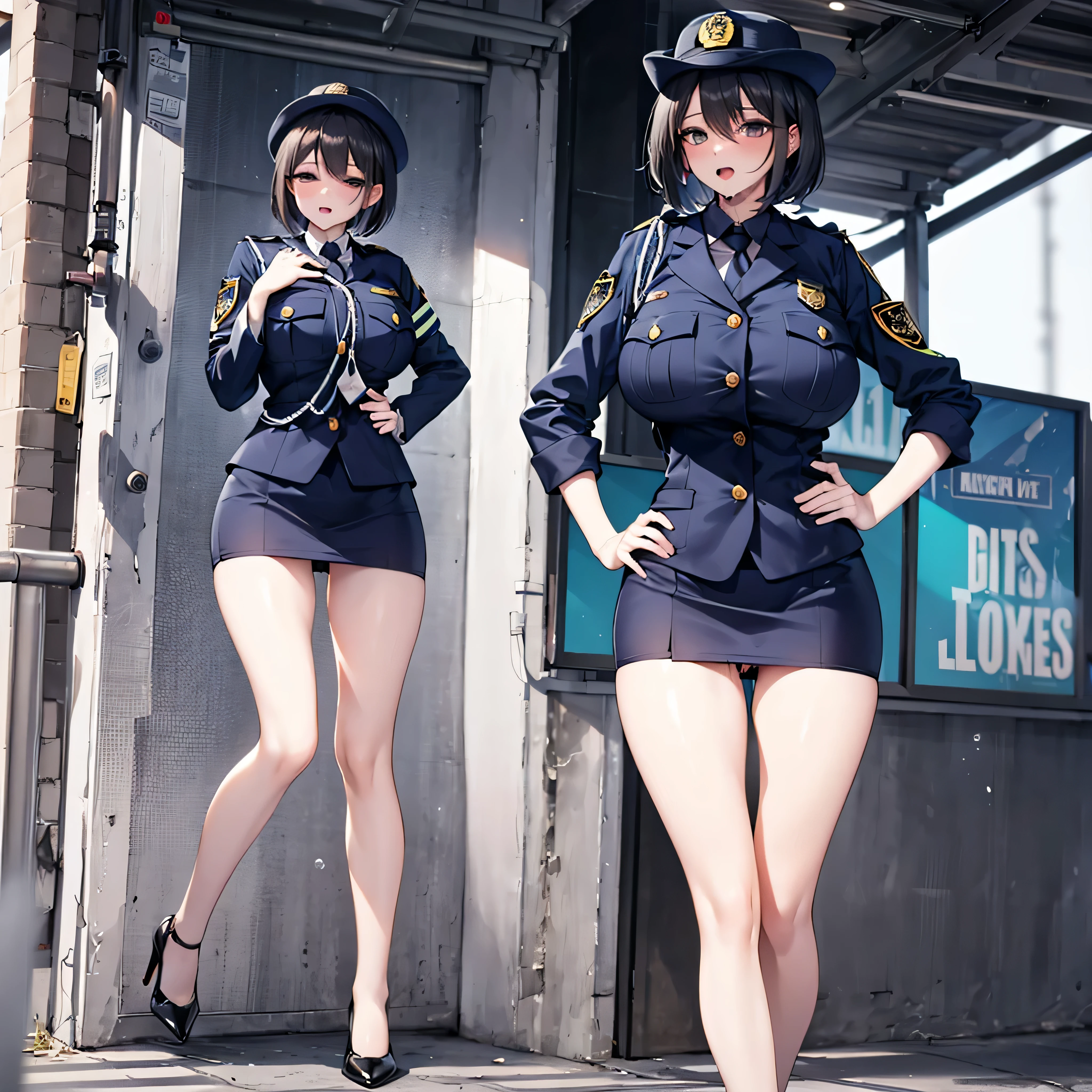 (solo:1.2), (1 policewoman), police uniform, very tight miniskirt, thigh gap, stiletto heels, narrow shoulders, (bursting disproportionately huge breasts:1.2), narrow waist, (slim hip), (skinny long legs), short hair, open legs, pigeon toed, right hand on hip, (orgasm), pussy juice dripping down between thighs