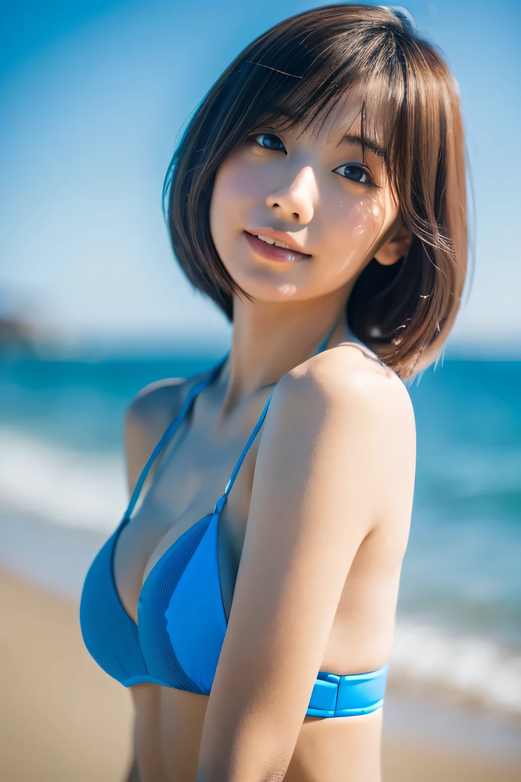 incredibly absurdres,RAW photo,32k,photorealistic,depth of field、blur background、Professional lighting,Cinematic lighting,Backlightmedium close-up shot,slim and smooth lines,Japanese girl,cute girl,lying,ocean,wind,blue sky:,bob cut,bikini,happy,