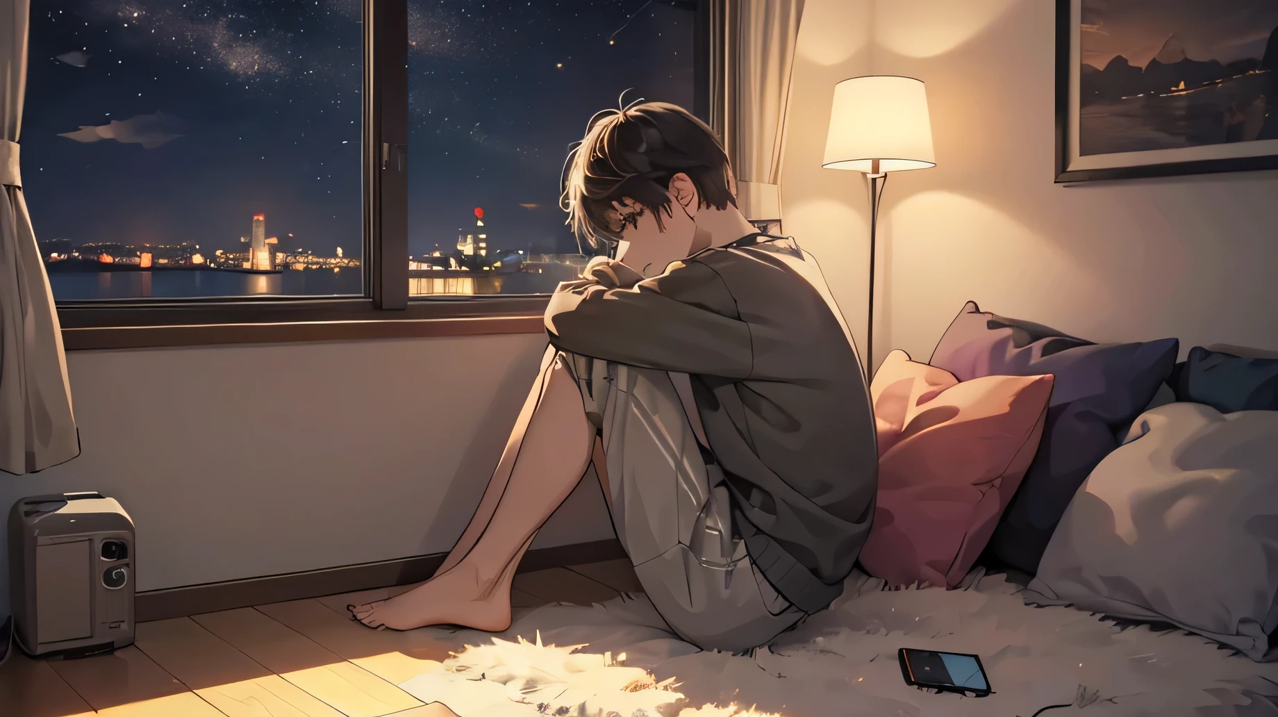 Boy listening to music in a cozy room at night, usando fones de ouvido, anime estilo 2D, lo-fi, hard disk, ambiente escuro, sitting on the floor, tarde da noite