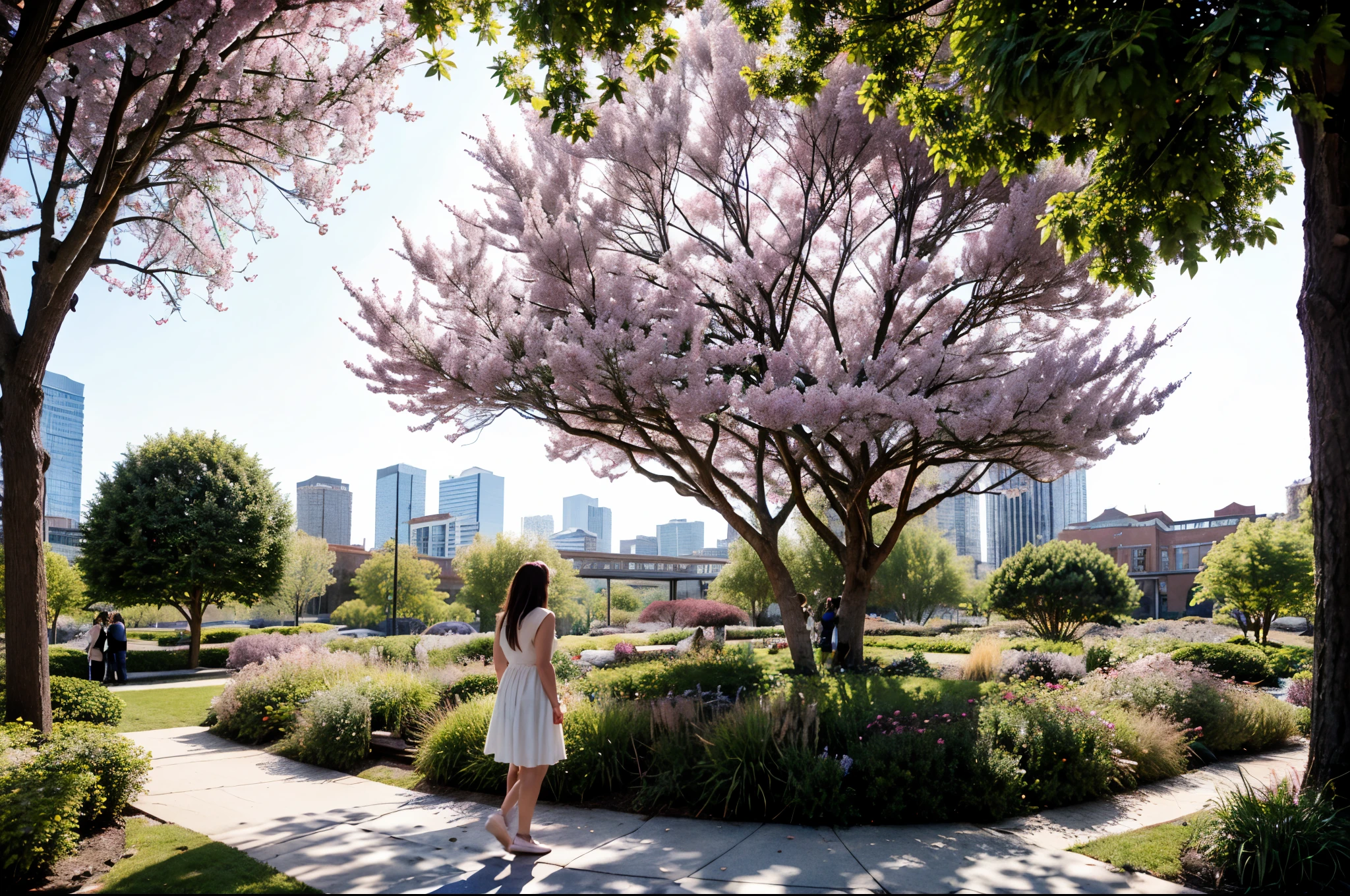 A ephemeral painting depicting a woman in a park with cherry blossoms in full bloom., (Upper body: 1.5),(City Park Background:1.4), ((tachi-e)), original,(figure:1.1),(highest quality),(masterpiece:1.1),(Highly detailed CG Unity 8K wallpaper:1.1), (colorful:0.9),(panoramic shot:1.4),(full body:1.05),(alone:1.2), (ink splatter),(splash of color),((watercolor)), ((Decorate the entire screen in light pastel pink)), clear and sharp focus,one girl standing,(flowers,forest),outdoor,rock, looking at the viewer, look happy,soft smile,Pure,Beautifully detailed face and eyes