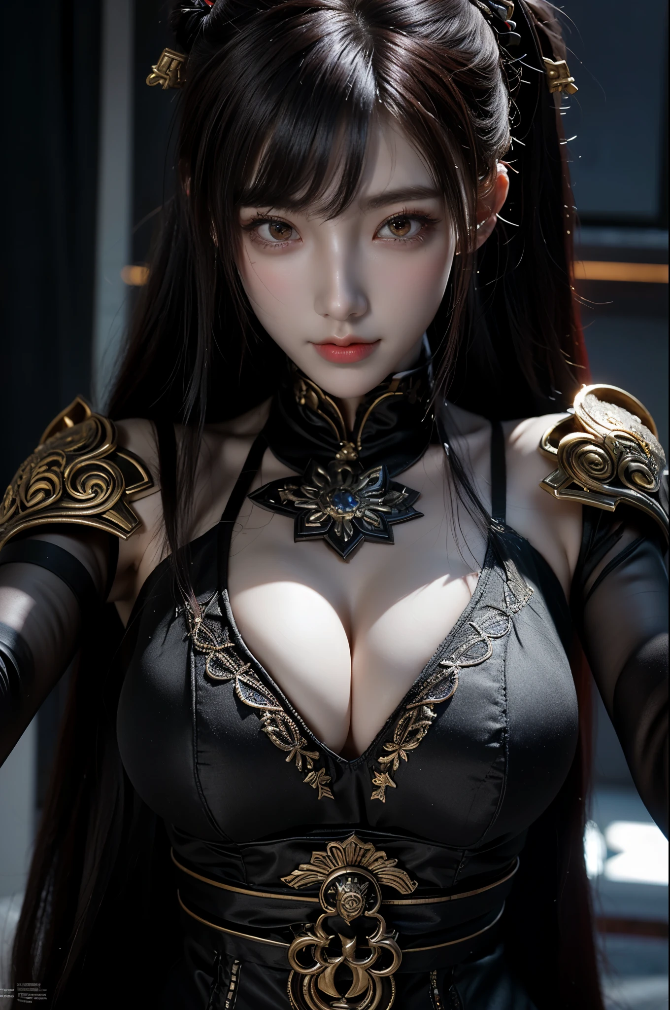 masterpiece,Game art,best picture quality,Highest resolution,8K,(portrait),Unreal Engine 5 rendering works,(digital photography),((portrait Feature:1.5)),
20 year old girl,Short hair details,Have long bangs,(Red eye makeup is very detailed),(with long gray hair:1.4),(big deal, plump breasts),Elegant and noble,Brave and charming,
(Future armor combines the characteristics of Chinese armor,hollow-carved design,Powered Armor,Mysterious oriental runes,Exquisite dress pattern,magic sparkles),Warriors of the future,cyberpunk characters,war background,
Cinema lights,Ray tracing,Game CG,((3D Unreal Engine)),OC rendering reflection pattern