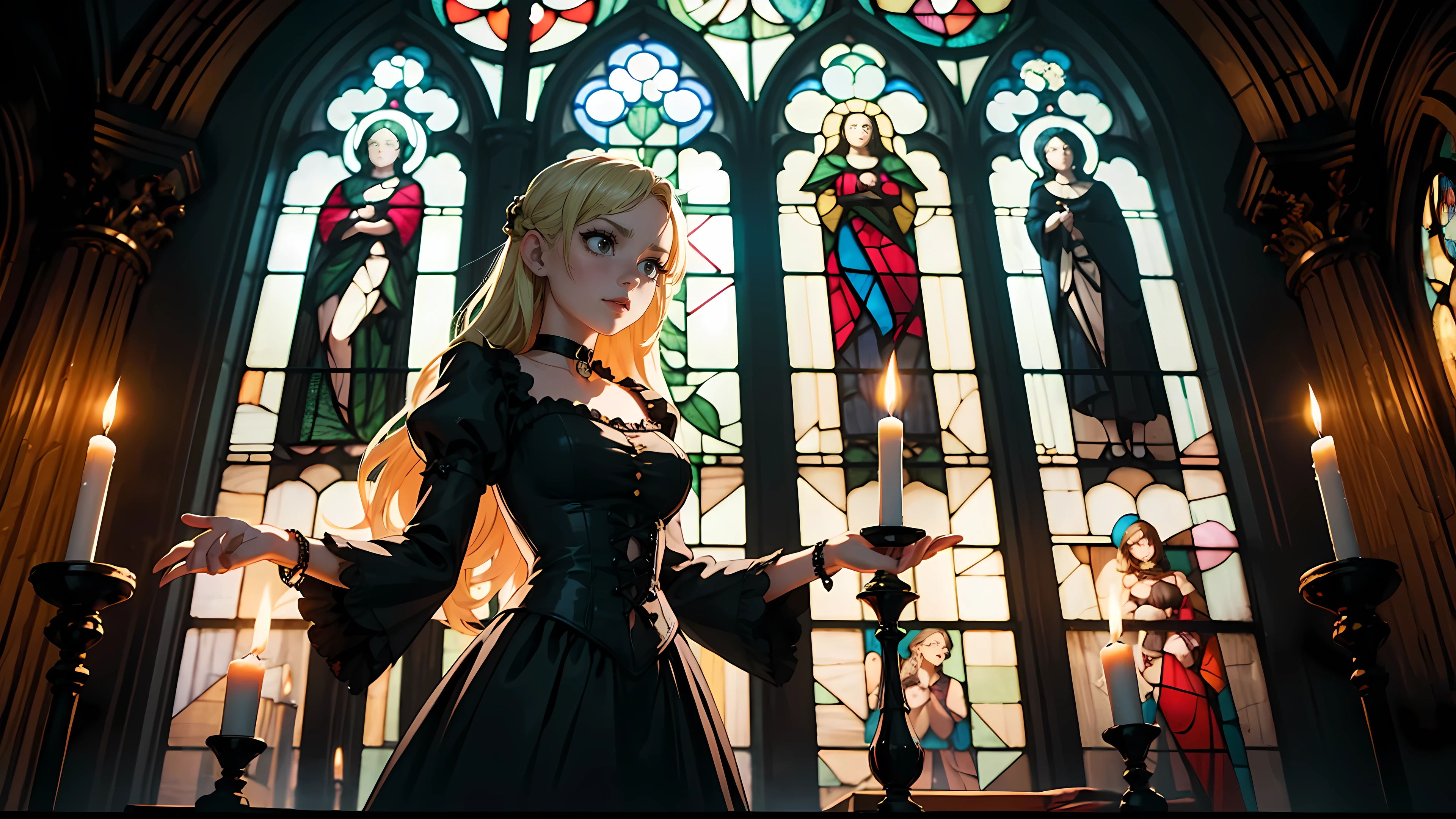 ((1girl)), long blonde hair, choker collar, bracelets, Victorian style long black dress, standing, dramatic pose, cowboy shot, gothic mansion, stained glass window, night, nighttime, candles, candlelight, dramatic lighting, cinematic lighting,