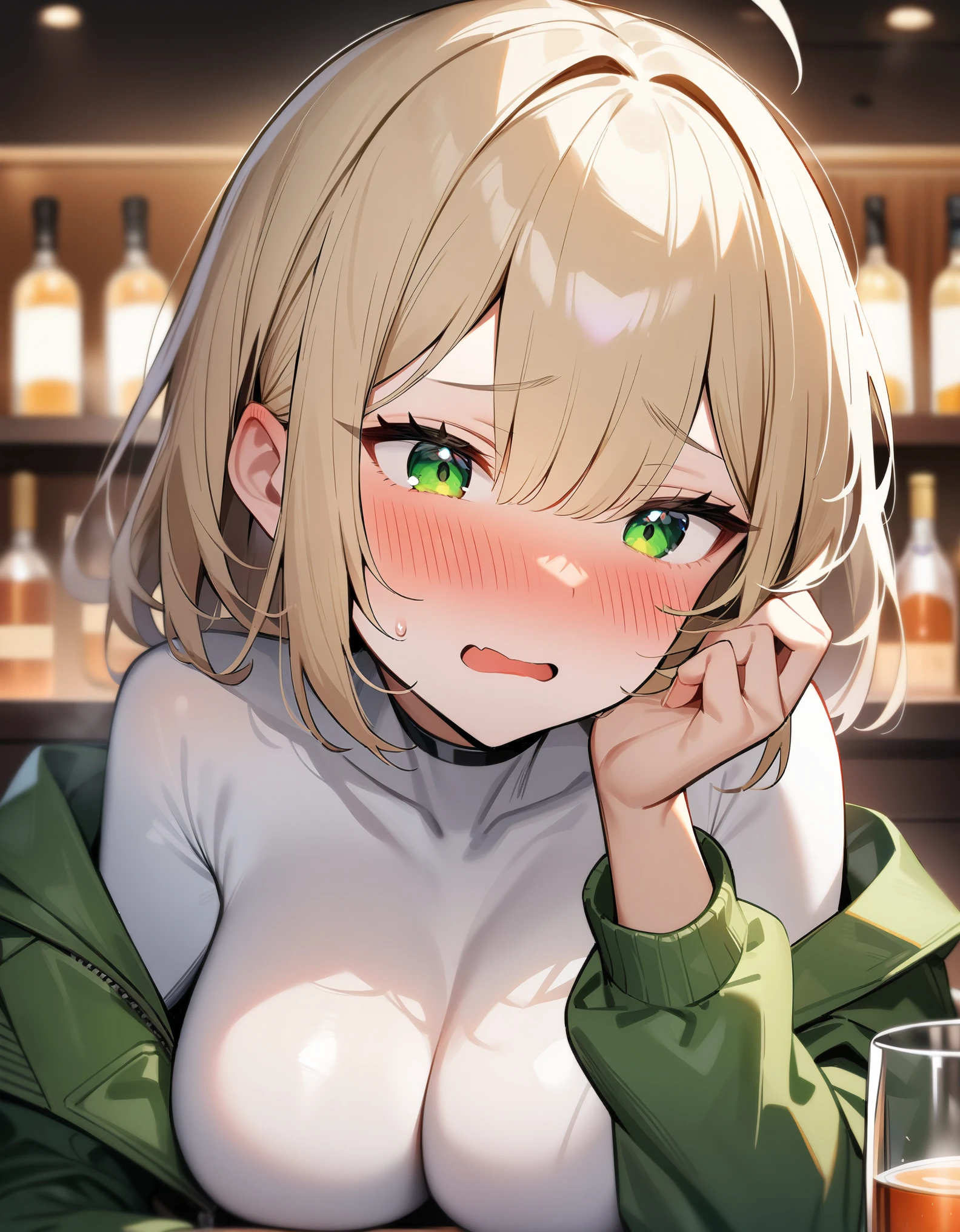 1girl,solo,Sala,original,blonde hair,green eyes, white body suit,green jacket,drunk,blush,💕,luxury bar,Science fiction,ultra-detailed,sharp focus,aesthetic,(best quality)