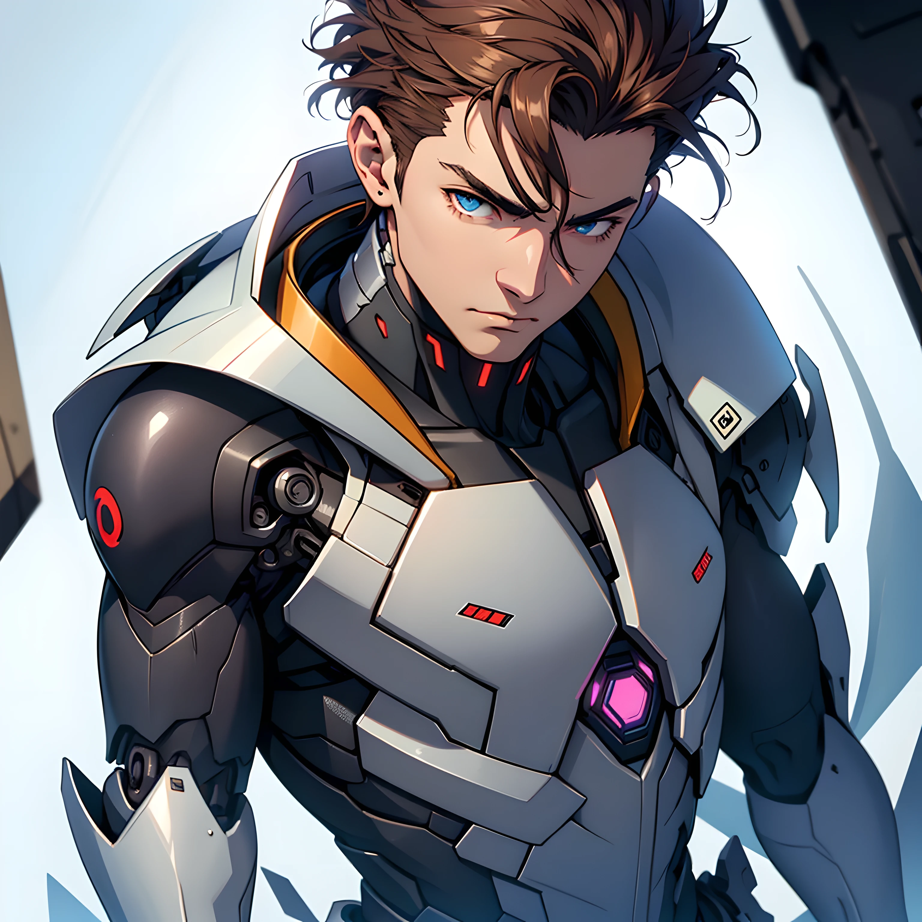 Um personagem masculino, with a cyborg body from the neck down ((only head is human)) possui um traje marrom | anime | qualidade alta | 4k | auto contraste | Full HD | a imagem deve contar apenas do peito para cima |
