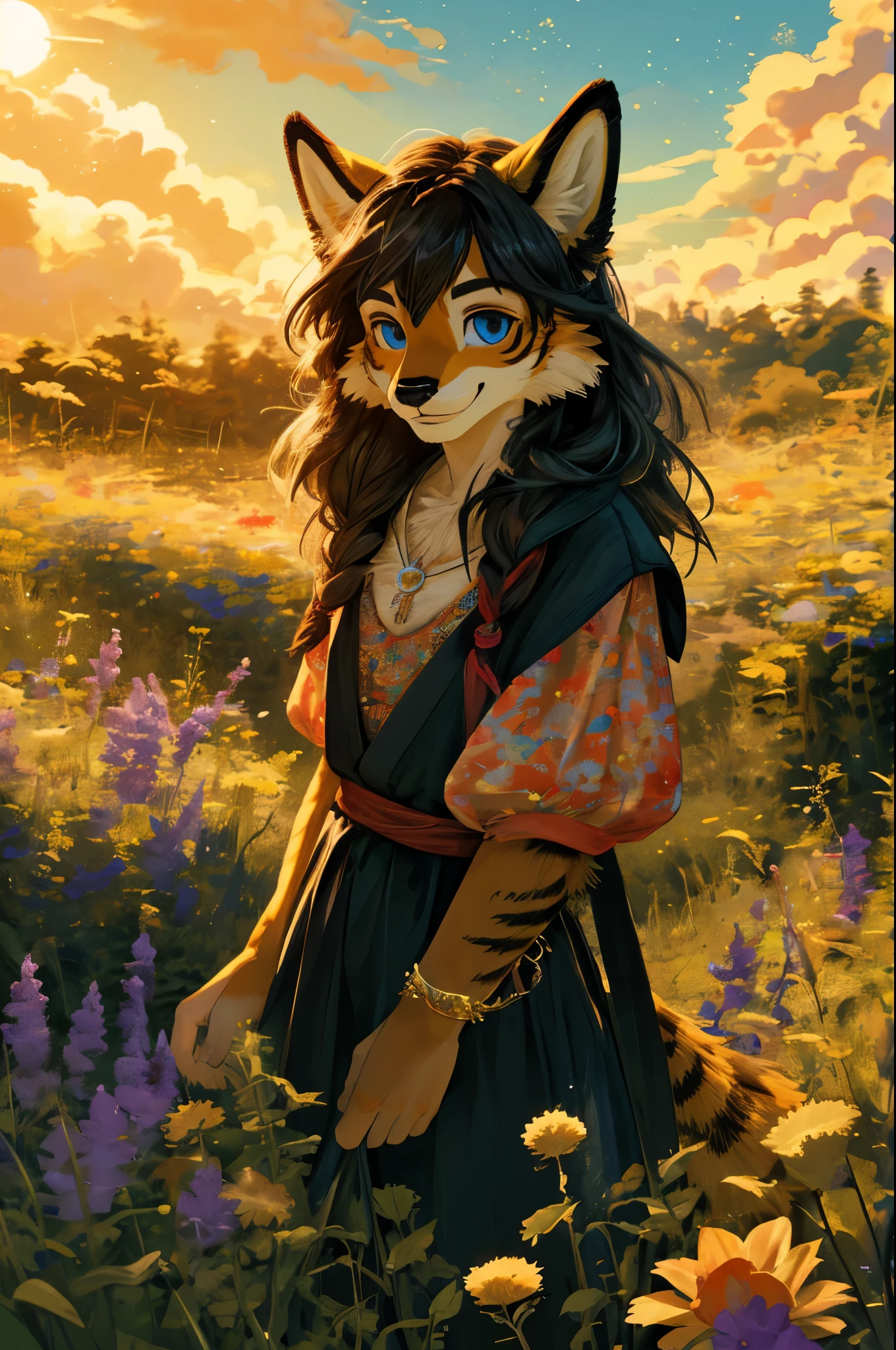 anime key visual, highres, High-quality illustrations, unparalleled masterpiece(movie of life)nature inspired imagery, romanticized views, lively illustrations, whimsical cartoonish, farm, Blue sky, clouds, florals Beautiful garden(furry anthro, solo, girl, casual fashion, Relux pose, Smile)absurdres, perfect anatomy, caustics, cinematic lighting, lens flare, deep shadow, dynamic angle,