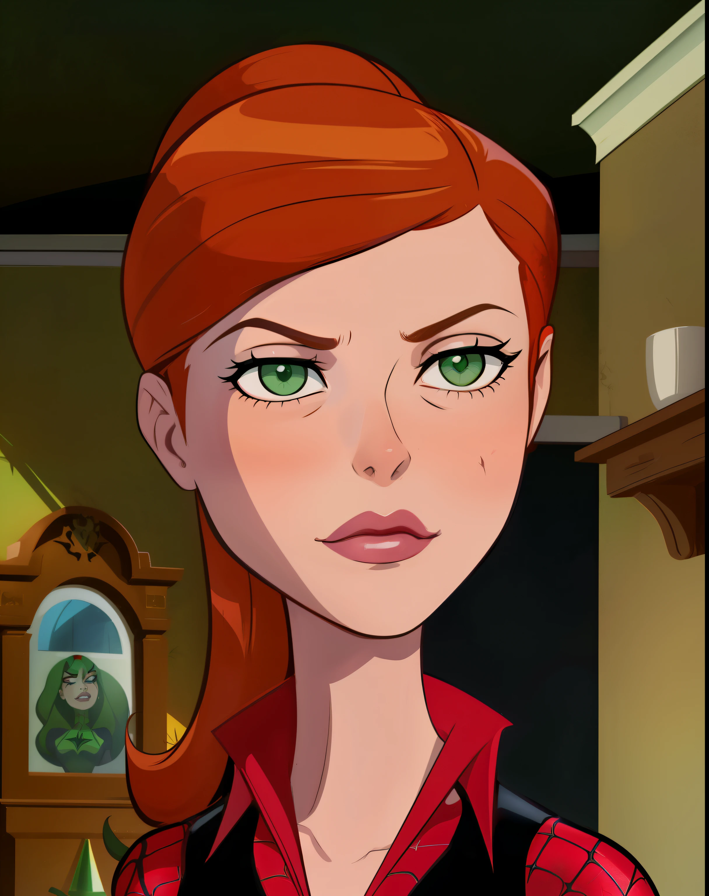 a close up of a cartoon woman with green eyes and a red shirt, dinah drake, anya from spy x family, mary jane, kim possible, inspired by Mary Jane Begin, gwen stacy, emma watson as poison ivy, ( ( spiderwoman ) ), poison ivy, but a stern look about her, sil from species, an animation cel of dana scully