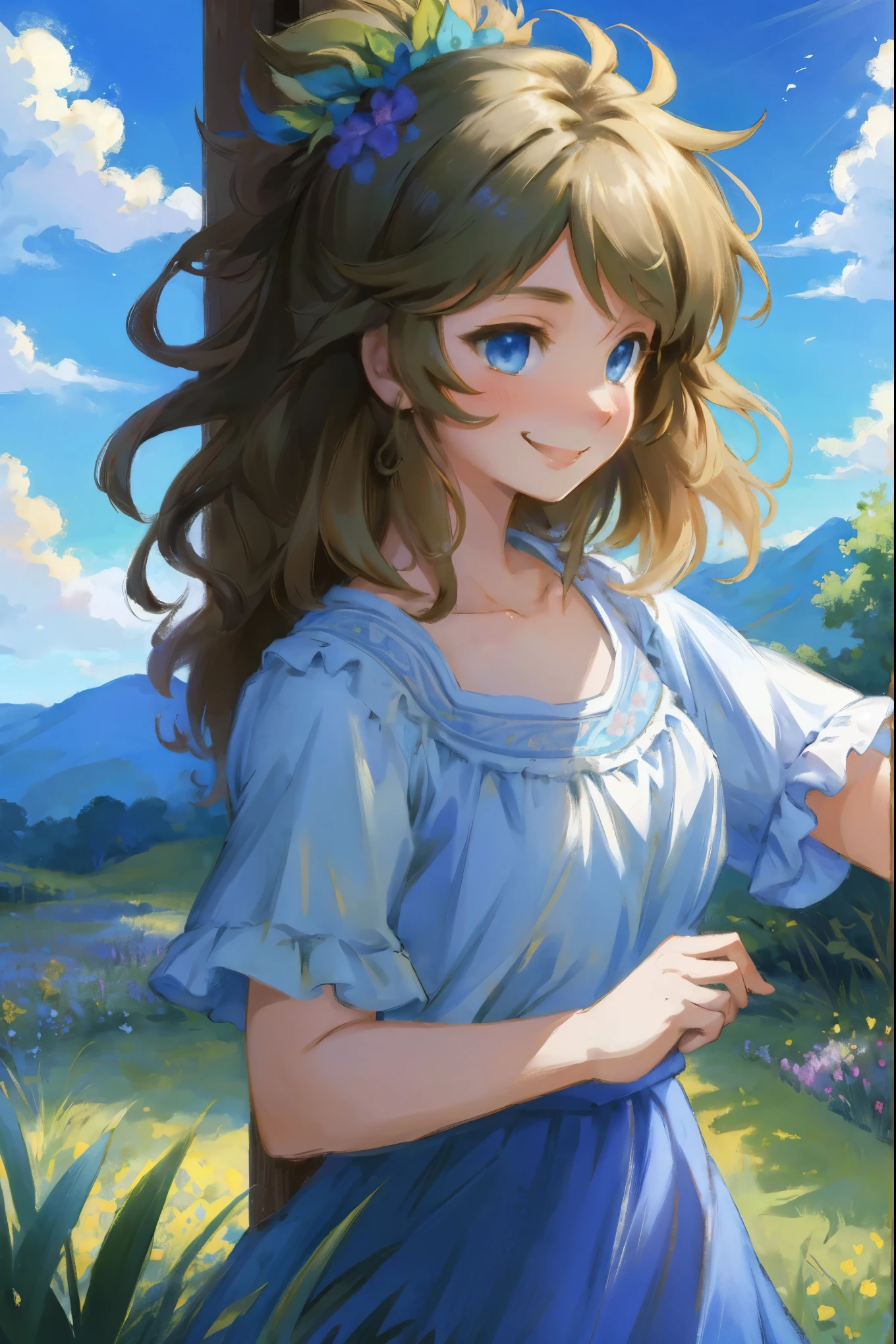 anime key visual, highres, High-quality illustrations, unparalleled masterpiece(movie of life)nature inspired imagery, romanticized views, lively illustrations, whimsical cartoonish, farm, Blue sky, clouds, florals Beautiful garden(furry anthro, solo, girl, casual fashion, Relux pose, Smile)absurdres, perfect anatomy, caustics, cinematic lighting, lens flare, deep shadow, dynamic angle,