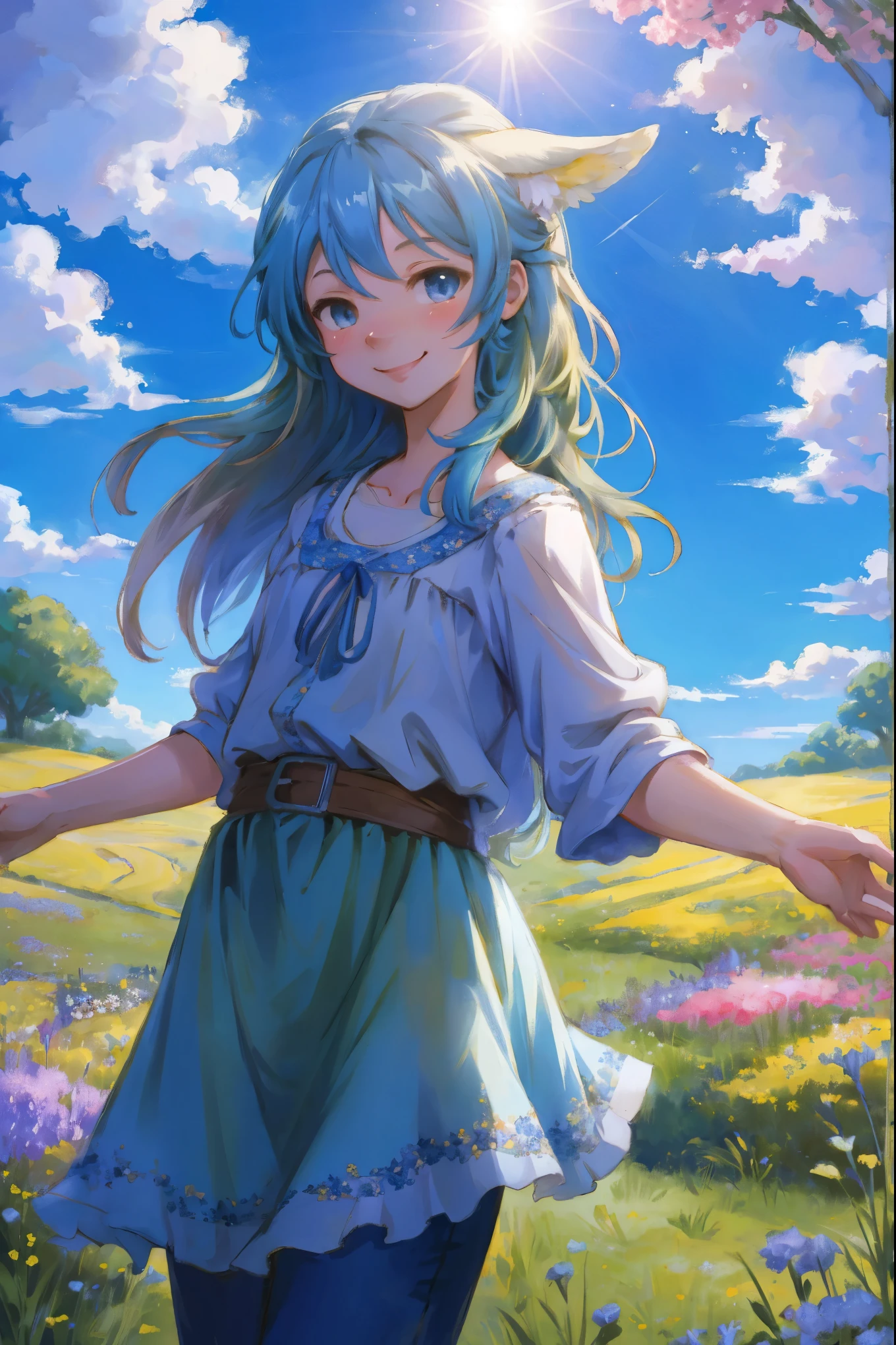 anime key visual, highres, High-quality illustrations, unparalleled masterpiece(movie of life)nature inspired imagery, romanticized views, lively illustrations, whimsical cartoonish, farm, Blue sky, clouds, florals Beautiful garden(furry anthro, solo, girl, casual fashion, Relux pose, Smile)absurdres, perfect anatomy, caustics, cinematic lighting, lens flare, deep shadow, dynamic angle,