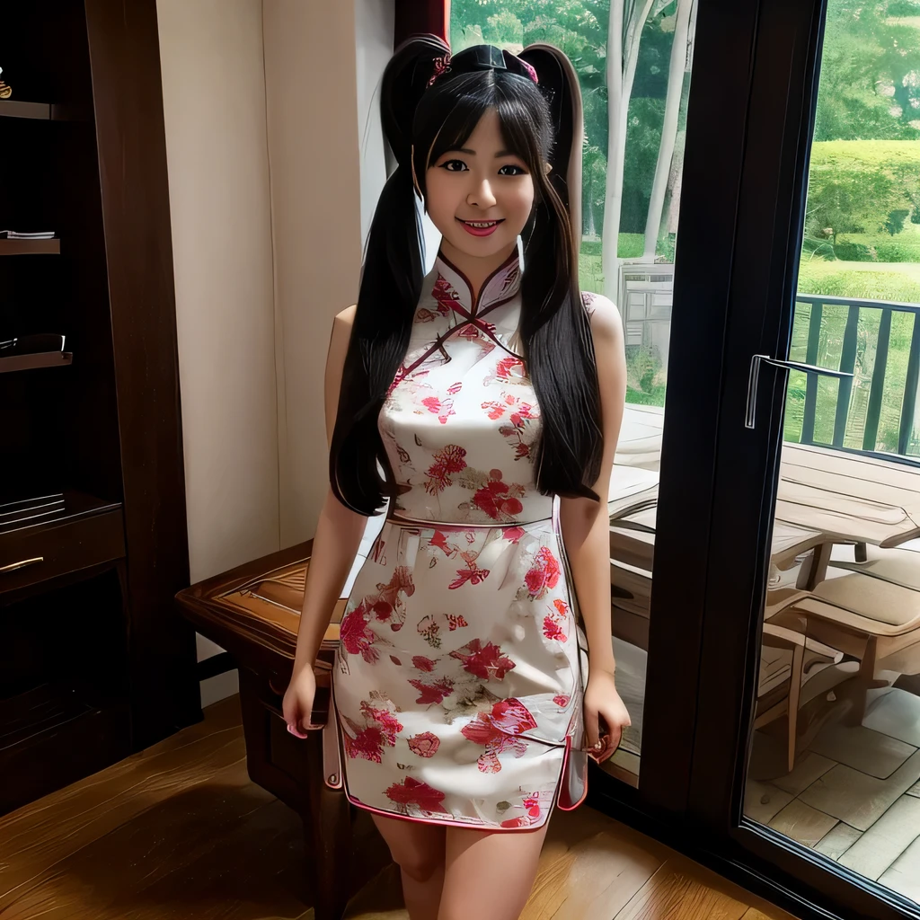 Realistic photo of cute woman, ((full body shot))uneven twin tails, light makeup, big breast size, smile a little, wear a cheongsam, full body shot, Clear facial features with sharp, realistic details, Sony FE, 35mm, cinematic lighting, advanced details, UHD, high quality, HD, 8K, 16k