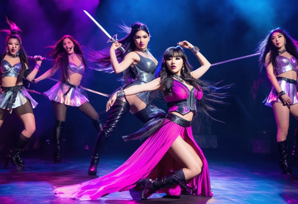 (best quality, 4k, highres, masterpiece:1.2), ultra-detailed, realistic:1.37, HDR, vivid colors, studio lighting, physically-based rendering, professional, bokeh, portraits, Kpop band Black Pink, Dungeons and Dragons adventurers, rock musical, evil wizard, castle stronghold, performing, costume, defeat, performing in costume, long black hair, glamorous makeup, stylish outfits, energetic dance moves, dynamic stage, powerful music, intense battle scene, magical spells, glowing swords, epic backdrop, smoke and special effects, dramatic lighting, confident expressions, stage presence, harmonious choreography, enthusiastic crowd, enchanted atmosphere, dynamic poses, intricate accessories, high-energy performance, mystical aura, adrenaline-fueled show, extraordinary talent, mind-blowing vocals, captivating dance routines, mesmerizing stage effects, thrilling climax.