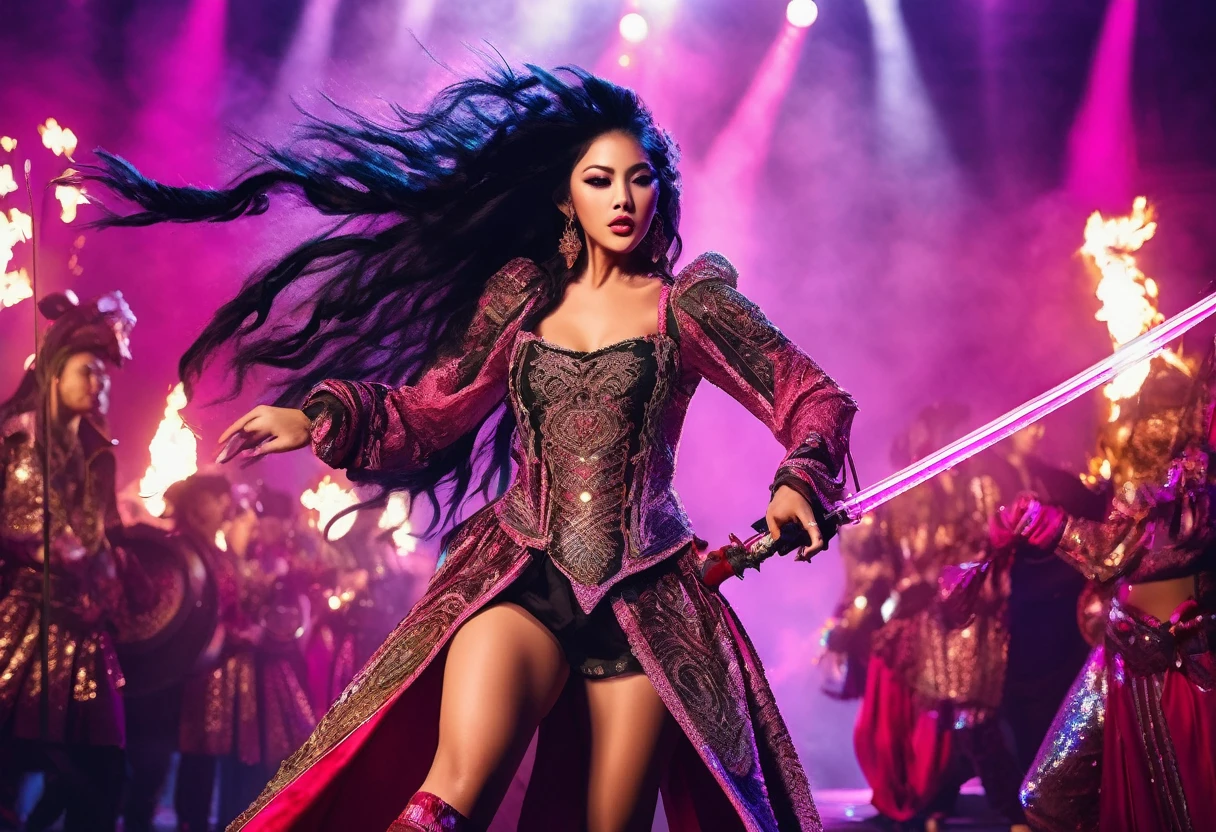(best quality, 4k, highres, masterpiece:1.2), ultra-detailed, realistic:1.37, HDR, vivid colors, studio lighting, physically-based rendering, professional, bokeh, portraits, Kpop band Black Pink, Dungeons and Dragons adventurers, rock musical, evil wizard, castle stronghold, performing, costume, defeat, performing in costume, long black hair, glamorous makeup, stylish outfits, energetic dance moves, dynamic stage, powerful music, intense battle scene, magical spells, glowing swords, epic backdrop, smoke and special effects, dramatic lighting, confident expressions, stage presence, harmonious choreography, enthusiastic crowd, enchanted atmosphere, dynamic poses, intricate accessories, high-energy performance, mystical aura, adrenaline-fueled show, extraordinary talent, mind-blowing vocals, captivating dance routines, mesmerizing stage effects, thrilling climax.