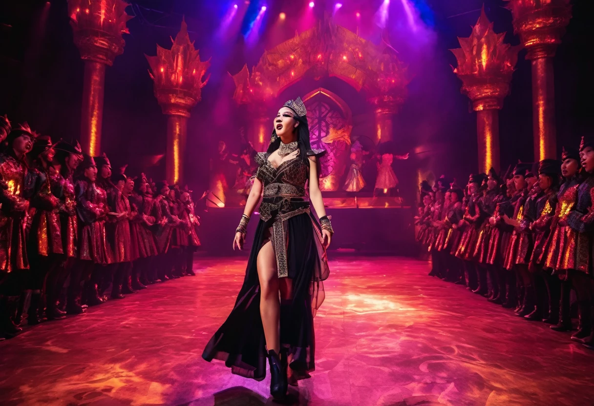 (best quality, 4k, highres, masterpiece:1.2), ultra-detailed, realistic:1.37, HDR, vivid colors, studio lighting, physically-based rendering, professional, bokeh, portraits, Kpop band Black Pink, Dungeons and Dragons adventurers, rock musical, evil wizard, castle stronghold, performing, costume, defeat, performing in costume, long black hair, glamorous makeup, stylish outfits, energetic dance moves, dynamic stage, powerful music, intense battle scene, magical spells, glowing swords, epic backdrop, smoke and special effects, dramatic lighting, confident expressions, stage presence, harmonious choreography, enthusiastic crowd, enchanted atmosphere, dynamic poses, intricate accessories, high-energy performance, mystical aura, adrenaline-fueled show, extraordinary talent, mind-blowing vocals, captivating dance routines, mesmerizing stage effects, thrilling climax.