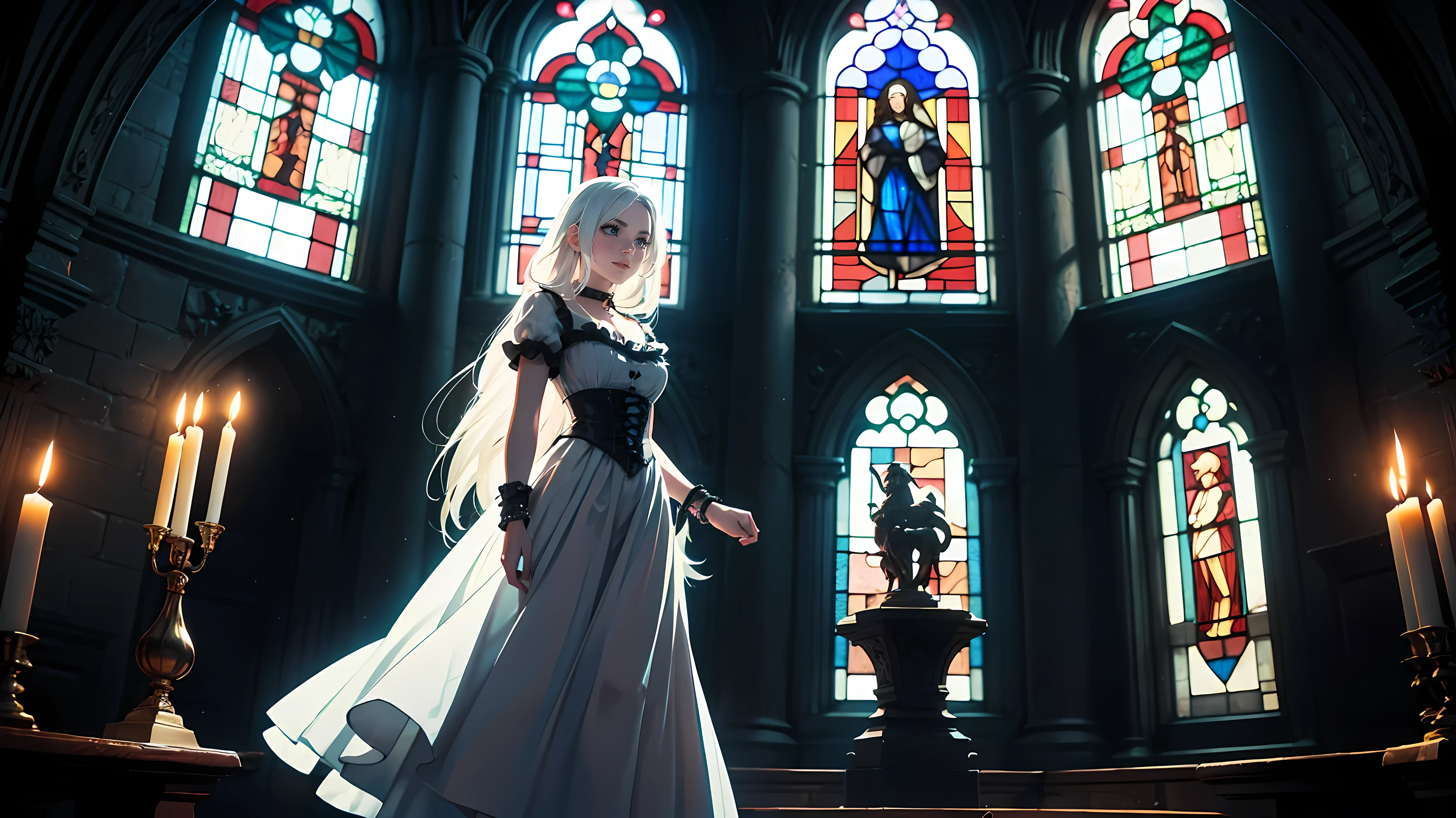 ((1girl)), long white hair, choker collar, bracelets, Victorian style long white dress, standing, dramatic pose, cowboy shot, gothic mansion, stained glass window, night, nighttime, candles, candlelight, dramatic lighting, cinematic lighting,