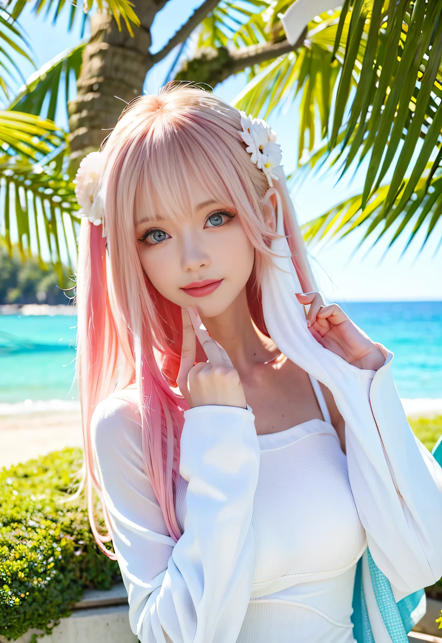 (8K, 4k, highest quality, High resolution: 1.2), (masteristic, realistic, Photoreal: 1.37), 1 girl, alone, beautiful face, blue eyes、eyelash, nose, glossy lips, (fine eyes, Beholder, Fair skin, white skin: 1.5), Fine complexion, Upper body, swimsuit, maikurobikini、Patterned Bikini Big, big, (: 1.5),
open-air bath,
ridiculously long hair, blonde hair, (pink hair), bangs, 2 sides up,
young, old, The shape of your fingers is beautiful, I can see your areola
