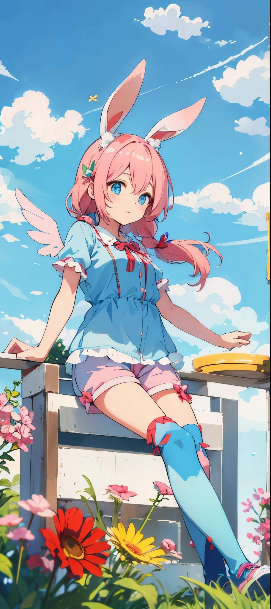 1 girl pink hair blue eyes Small blue hat with pink bunny ears, wings on the back, blue and white blouse with shorts with red ribbon 