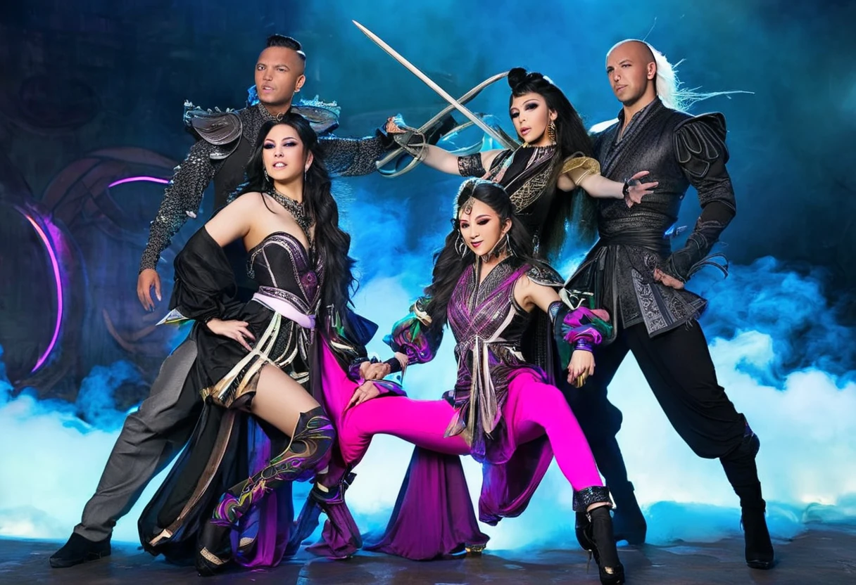 (best quality, 4k, highres, masterpiece:1.2), ultra-detailed, realistic:1.37, HDR, vivid colors, studio lighting, physically-based rendering, professional, bokeh, portraits, Kpop band Black Pink, Dungeons and Dragons adventurers, rock musical, evil wizard, castle stronghold, performing, costume, defeat, performing in costume, long black hair, glamorous makeup, stylish outfits, energetic dance moves, dynamic stage, powerful music, intense battle scene, magical spells, glowing swords, epic backdrop, smoke and special effects, dramatic lighting, confident expressions, stage presence, harmonious choreography, enthusiastic crowd, enchanted atmosphere, dynamic poses, intricate accessories, high-energy performance, mystical aura, adrenaline-fueled show, extraordinary talent, mind-blowing vocals, captivating dance routines, mesmerizing stage effects, thrilling climax.