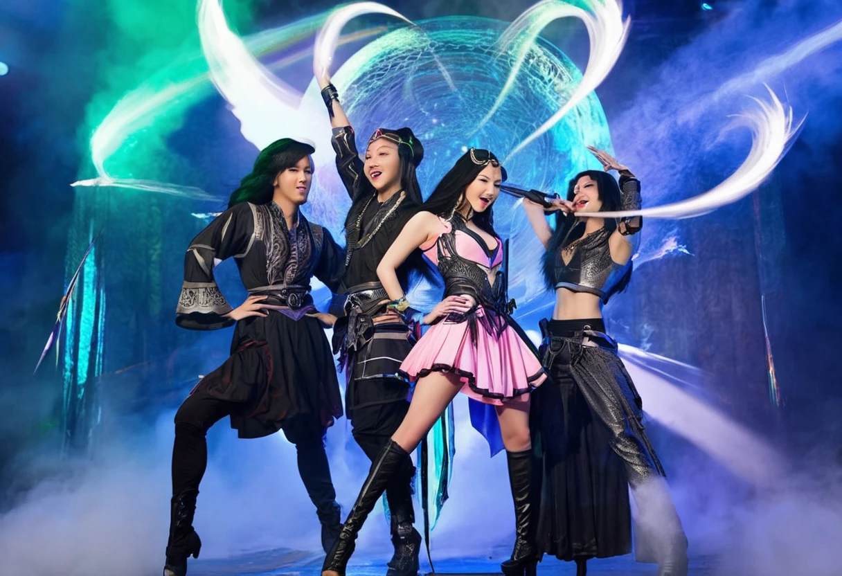 (best quality, 4k, highres, masterpiece:1.2), ultra-detailed, realistic:1.37, HDR, vivid colors, studio lighting, physically-based rendering, professional, bokeh, portraits, Kpop band Black Pink, Dungeons and Dragons adventurers, rock musical, evil wizard, castle stronghold, performing, costume, defeat, performing in costume, long black hair, glamorous makeup, stylish outfits, energetic dance moves, dynamic stage, powerful music, intense battle scene, magical spells, glowing swords, epic backdrop, smoke and special effects, dramatic lighting, confident expressions, stage presence, harmonious choreography, enthusiastic crowd, enchanted atmosphere, dynamic poses, intricate accessories, high-energy performance, mystical aura, adrenaline-fueled show, extraordinary talent, mind-blowing vocals, captivating dance routines, mesmerizing stage effects, thrilling climax.