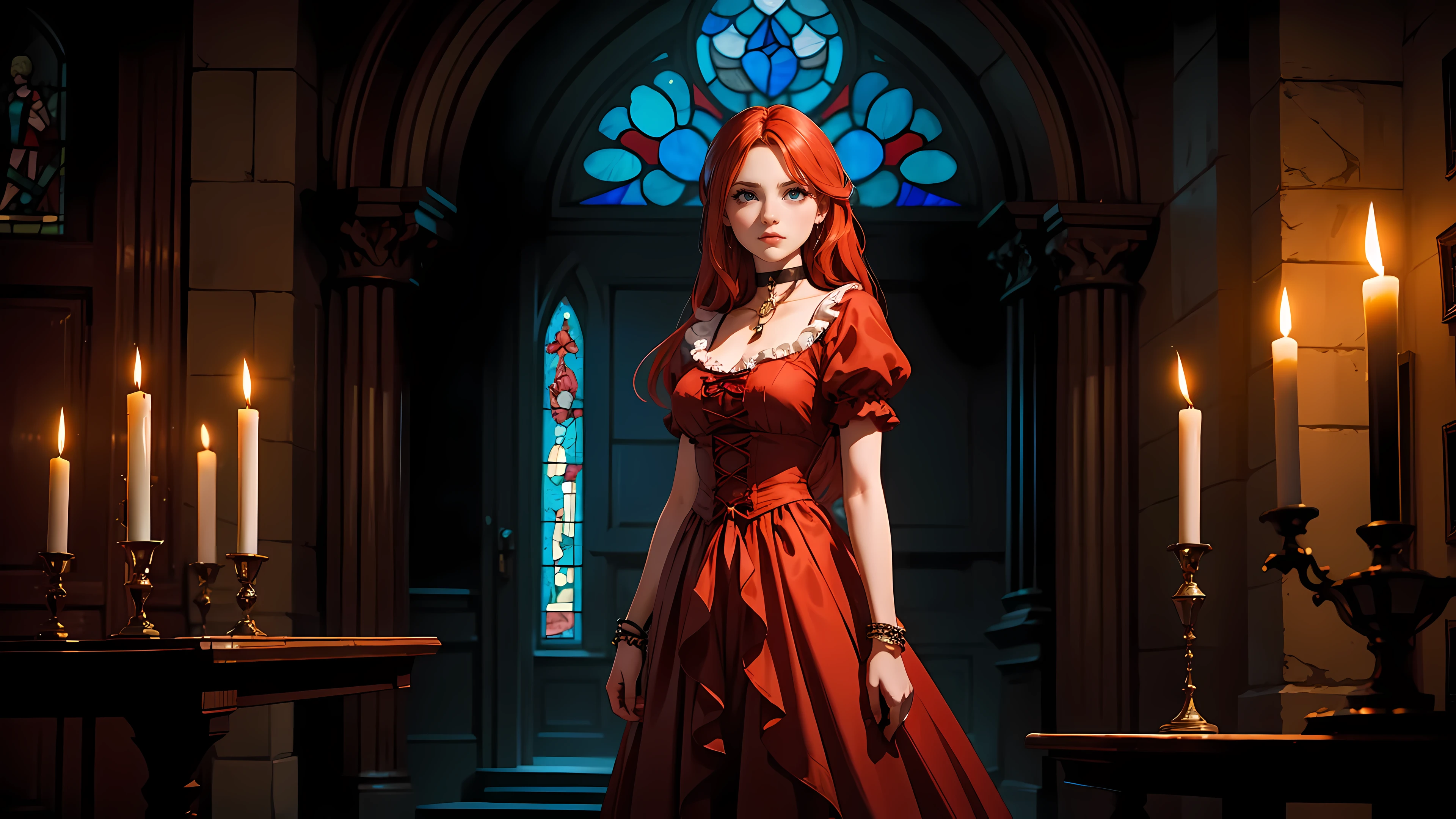 ((1girl)), long red hair, choker collar, bracelets, Victorian style long red dress, standing, dramatic pose, cowboy shot, gothic mansion, stained glass window, night, nighttime, candles, candlelight, dramatic lighting, cinematic lighting,