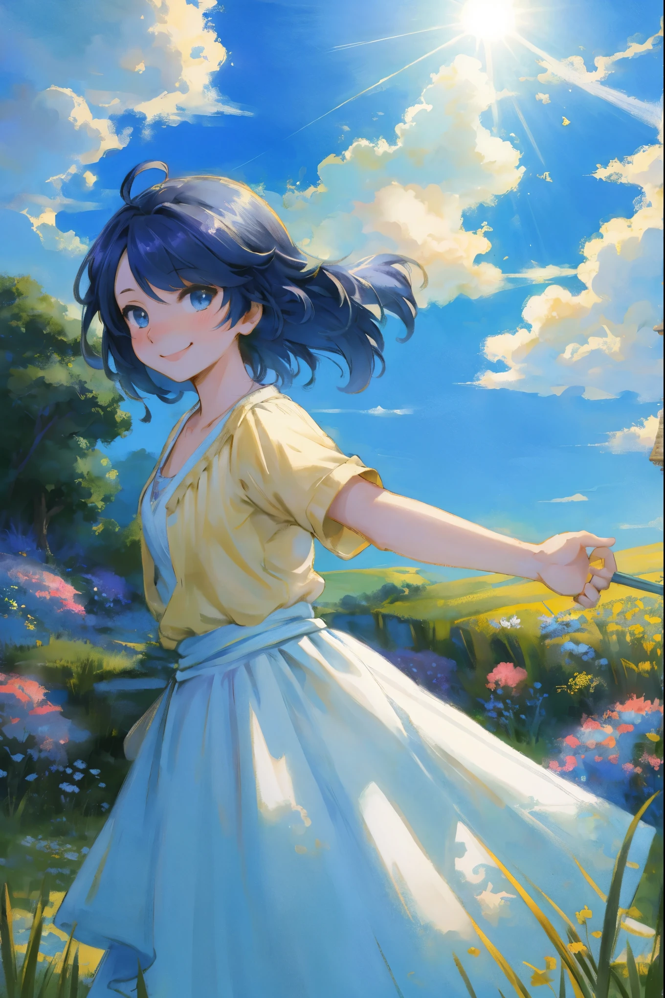 anime key visual, highres, High-quality illustrations, unparalleled masterpiece(movie of life)nature inspired imagery, romanticized views, lively illustrations, whimsical cartoonish, farm, Blue sky, clouds, florals Beautiful garden(furry anthro, solo, girl, casual fashion, Relux pose, Smile)absurdres, perfect anatomy, caustics, cinematic lighting, lens flare, deep shadow, dynamic angle,