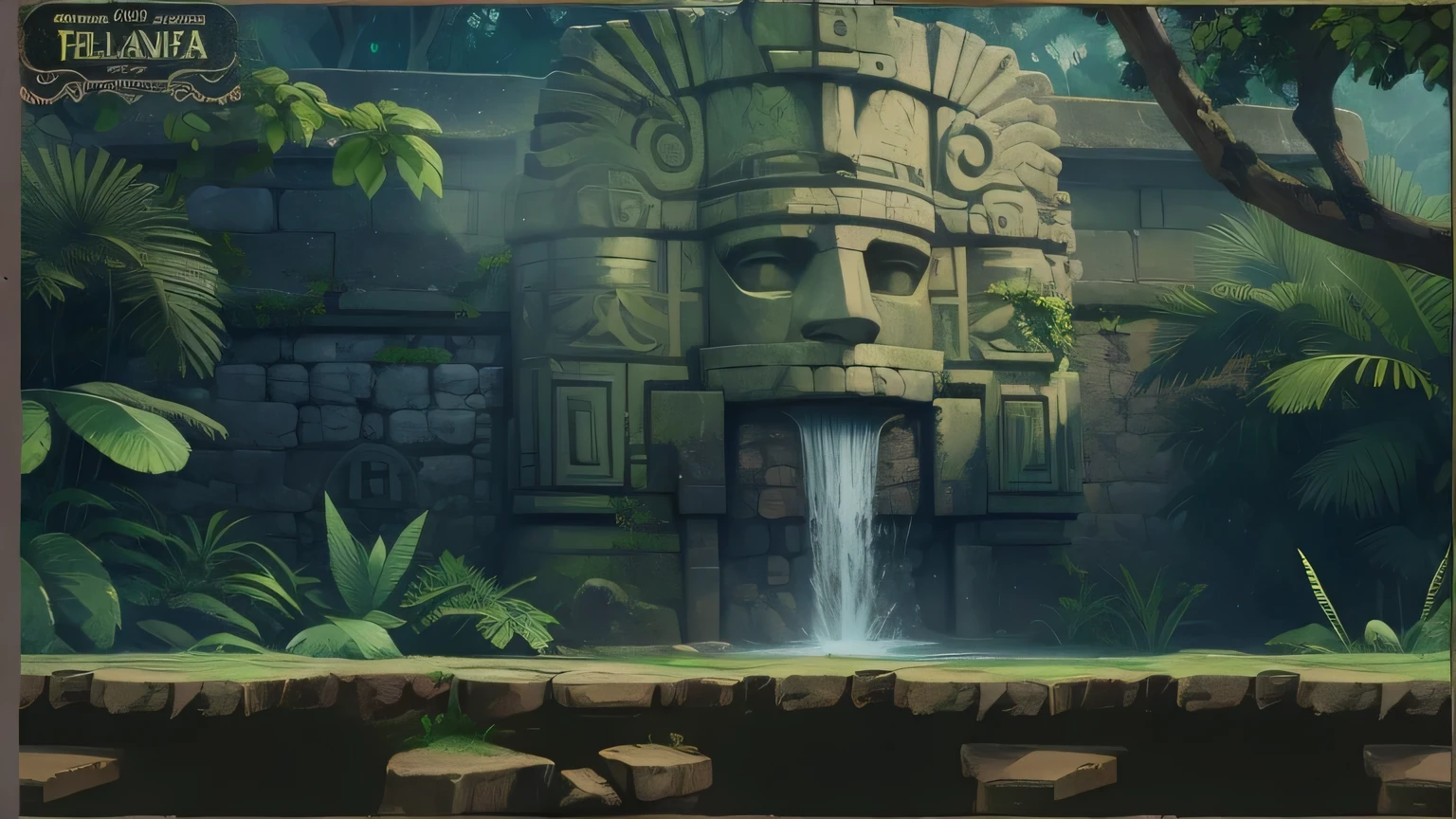 there is a painting of a stone statue in the jungle, jungle background with ruins, arte de fundo, templo maia na selva, Selva de fundo, fundo do templo, ancient ruins background, arte detalhada do jogo, templo perdido, design de ambiente de jogo 2 d, cena do templo submerso, ultra arte detalhada do jogo, Textura de selva profunda, ambiente de selva art nouveau, pintado como uma arte conceitual de jogo pixel art