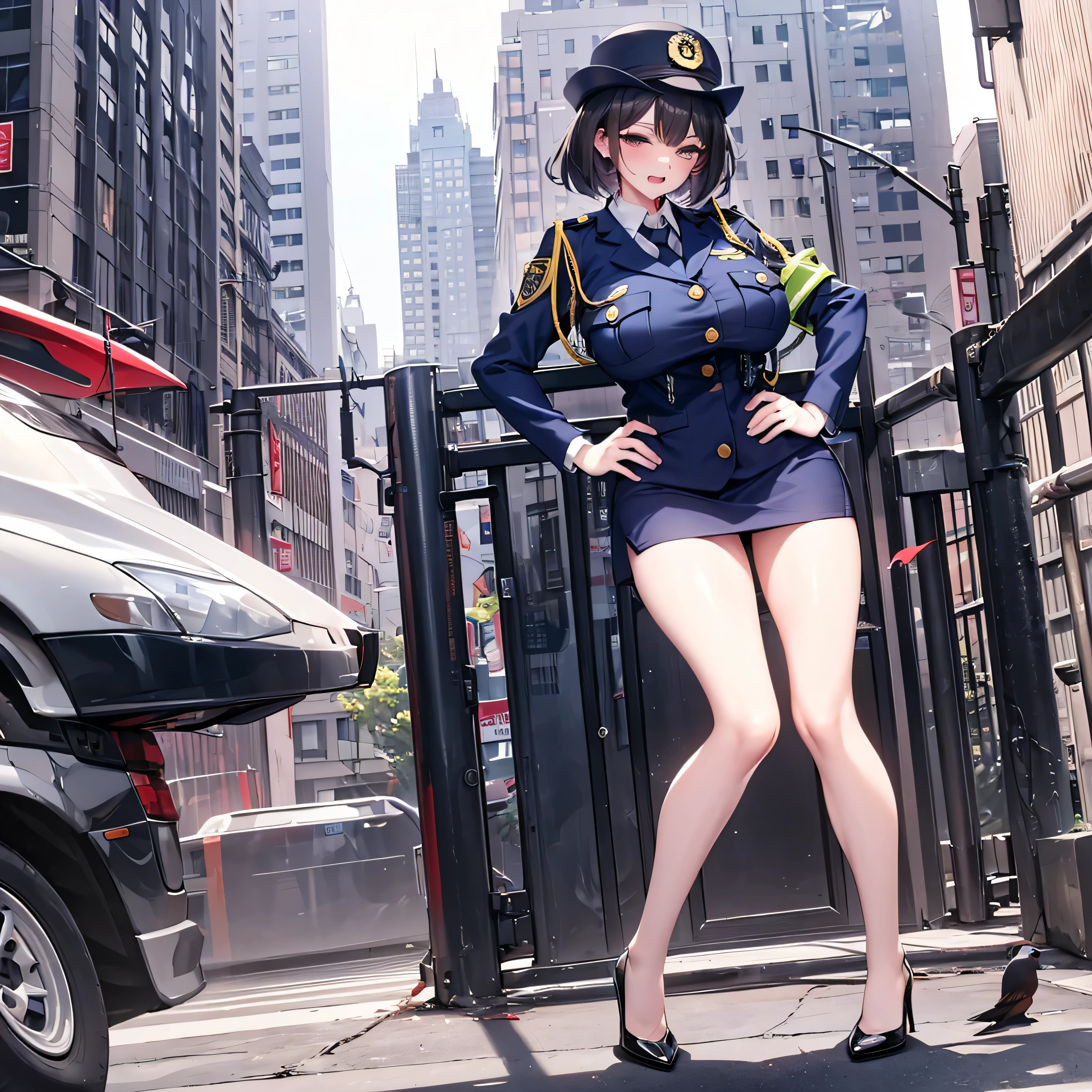 (solo:1.2), (1 policewoman), police uniform, very tight miniskirt, thigh gap, stiletto heels, narrow shoulders, (bursting disproportionately huge breasts:1.2), narrow waist, (slim hip), (skinny long legs), short hair, open legs, pigeon toed, right hand on hip, (orgasm), pussy juice dripping down between thighs