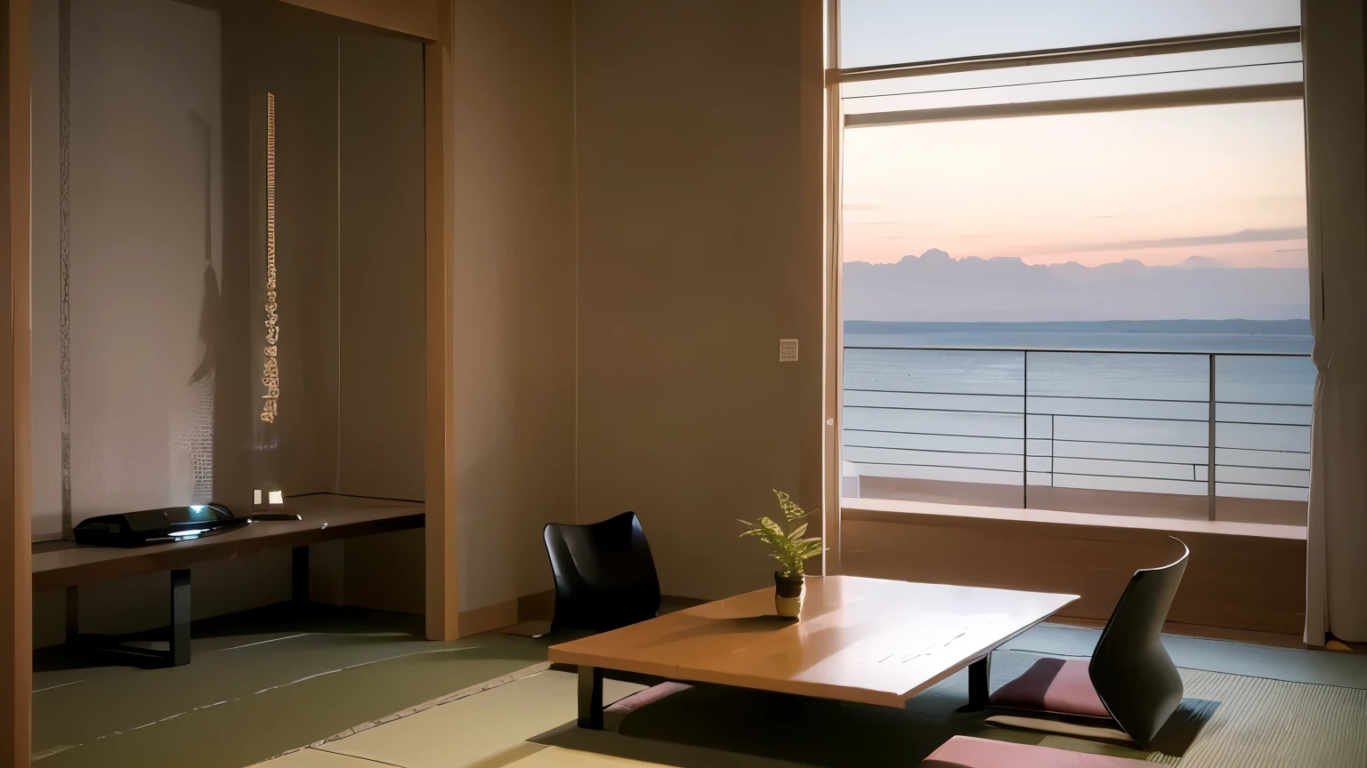 ryokan, scenery, table, indoors, television, window, chair, cup, ceiling light, lamp, flower pot, sunset, in the evening, dark