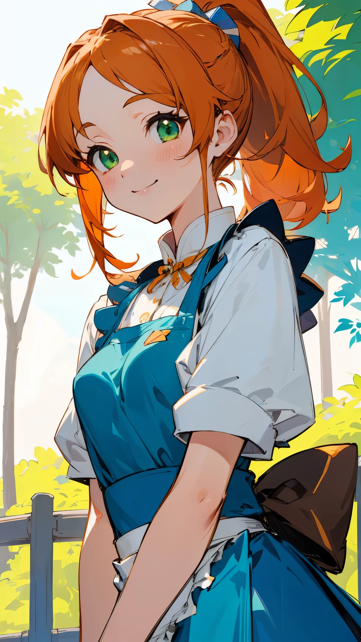 1 girl、anime painting、small breasts、white blouse、blue skirt、Apron appearance、orange hair、ponytail、beautiful green eyes、smile、pleasure、upper body close-up、Early summer street tree background、sharp outline
