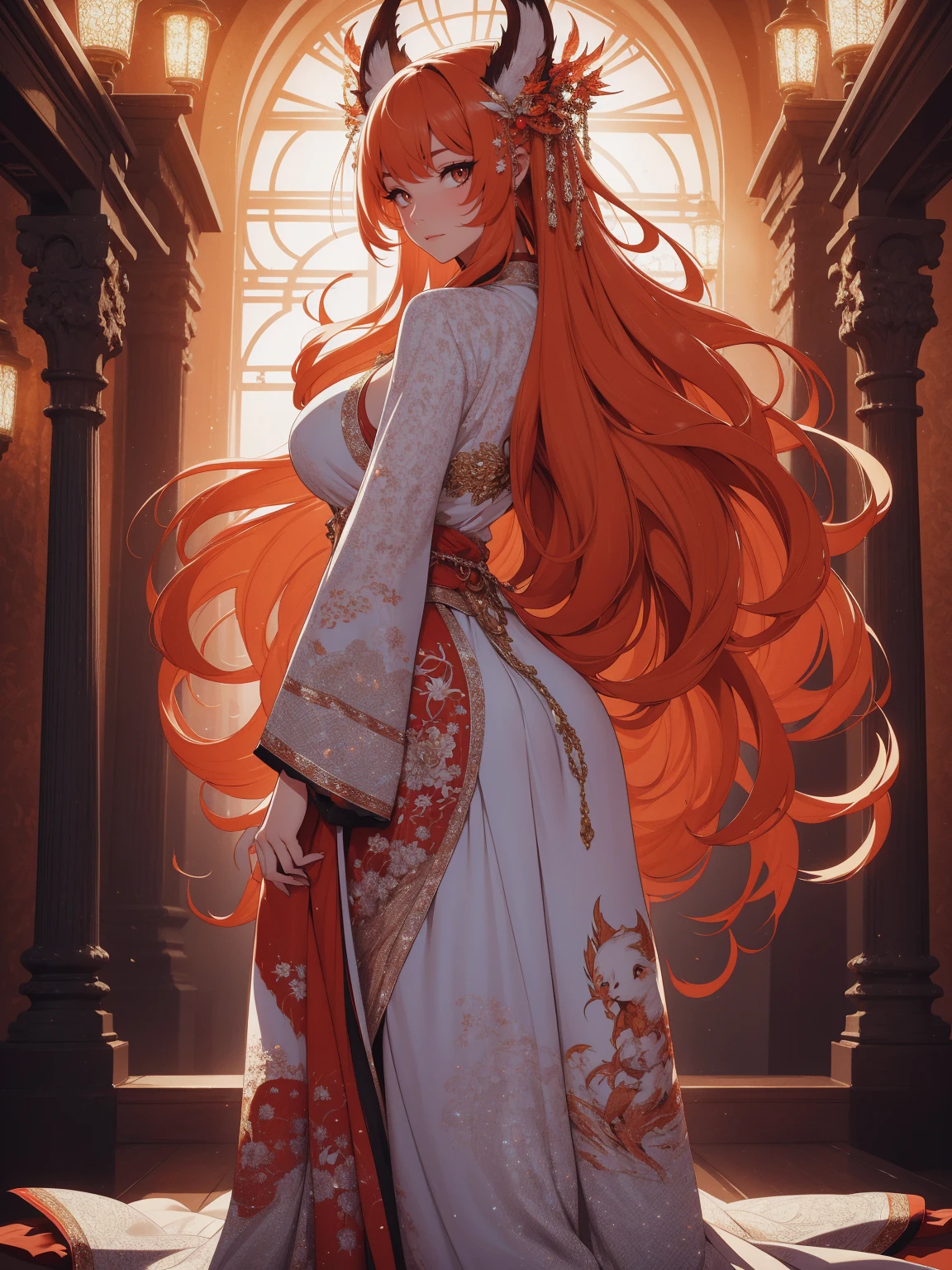 REALISTIC VISION 1.4, BETTER VAE,sharp focus, ultra detail, 32k,realistic photo, intricate details, kitsune, orange hair, oranfe eyes, intricate details ,woman, nine tails,intricate details,intricate details,big , Voluptuous body, intricate details, Miko,clothes long white dress with red details intricate details,tattoos intricate details,full body, backwards, looking back